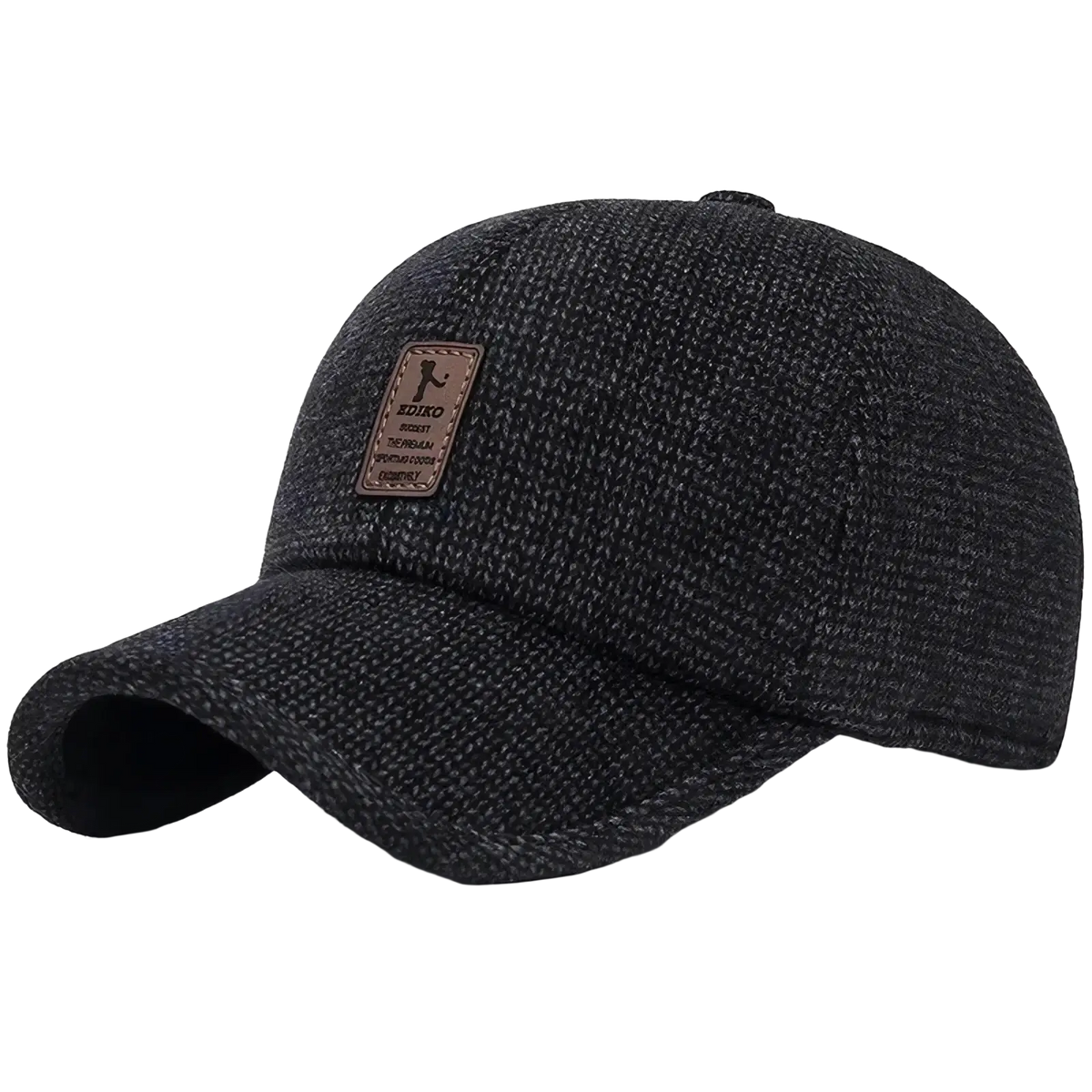 Dark gray textured wool blend mens winter baseball cap with brown leather patch and attached earmuffs
