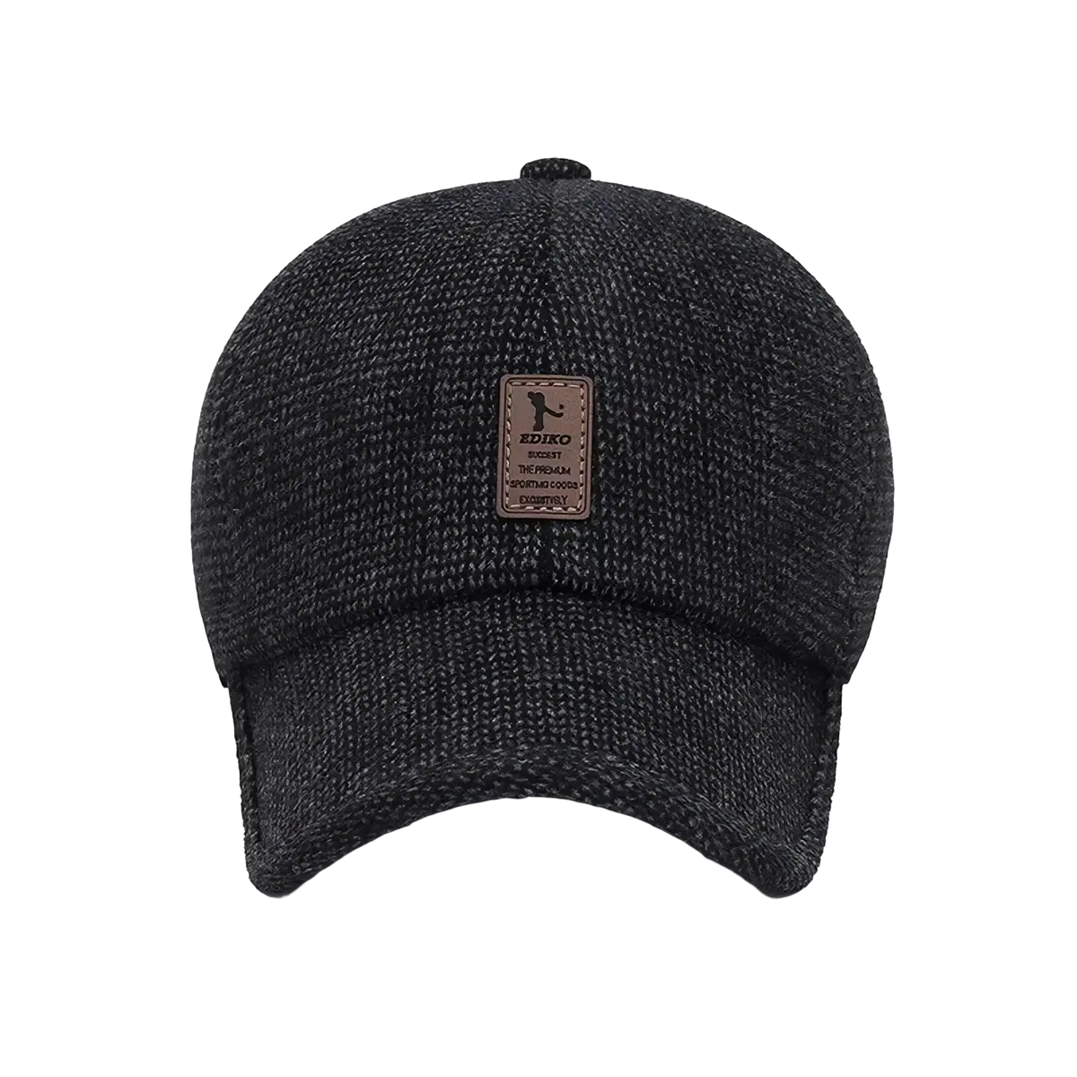 Dark gray textured wool mens winter baseball cap with earmuffs and brown leather ediko brand patch