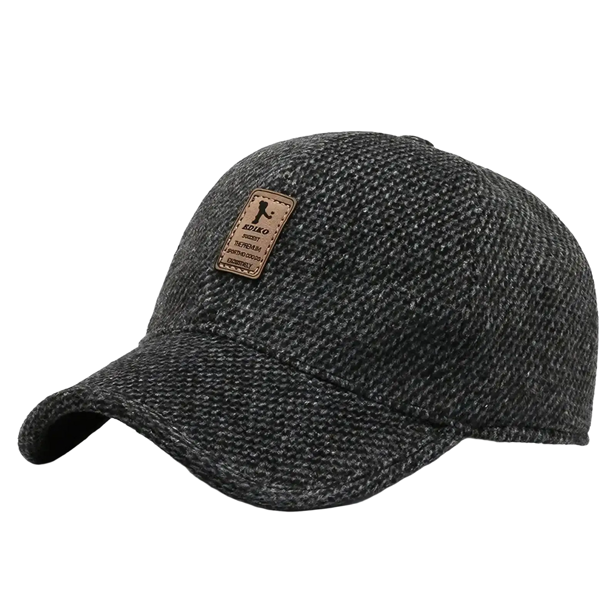 Dark gray textured wool winter baseball cap with brown leather patch and earmuffs for men