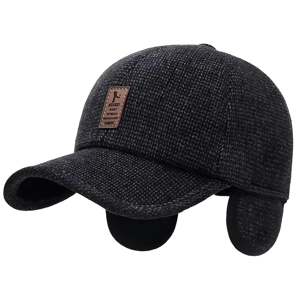 Dark gray textured knit winter baseball cap with ear flaps and brown leather patch for mens winter baseball use
