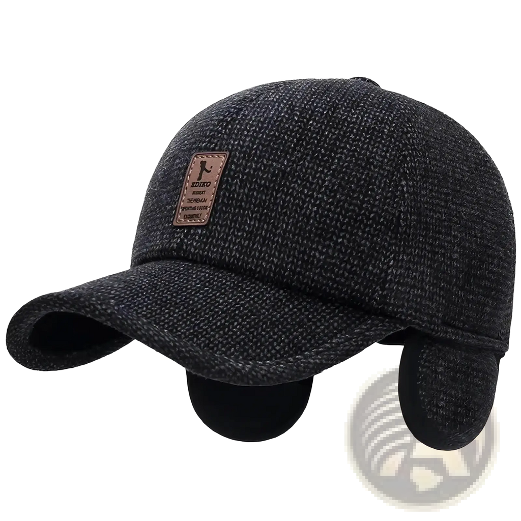 Mens winter baseball cap with earmuffs dark gray textured knit fabric ear flaps and brown leather patch on front