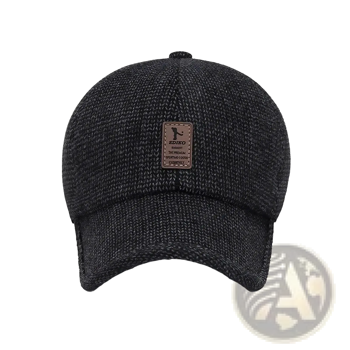 Dark gray textured wool mens winter baseball cap with earmuffs and brown leather ediko brand patch
