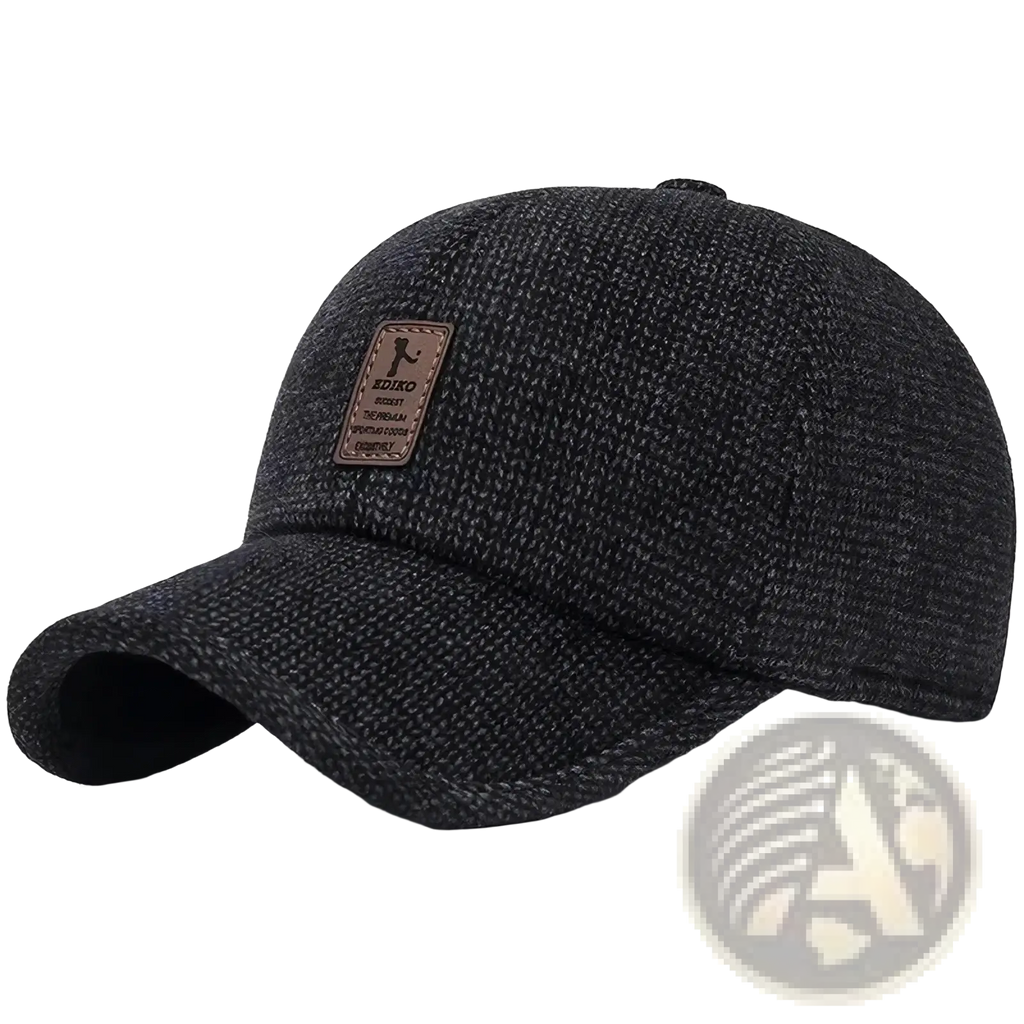 Dark gray textured wool blend mens winter baseball cap with brown leather patch and attached earmuffs