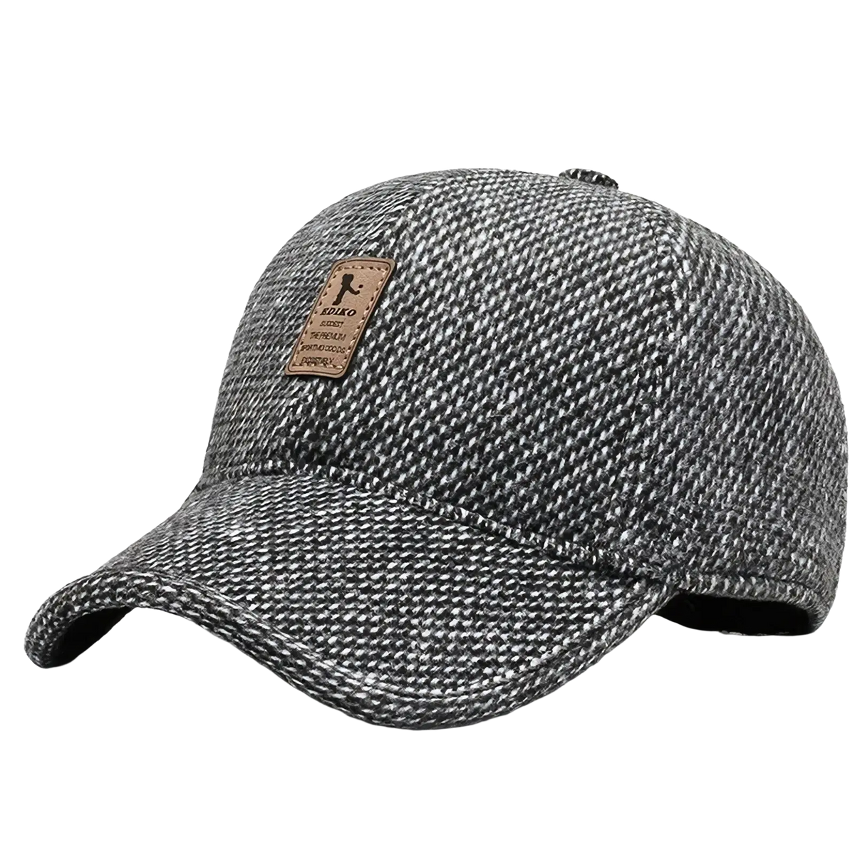 Gray herringbone-patterned mens winter baseball cap with brown leather patch and built-in earmuffs for cold weather