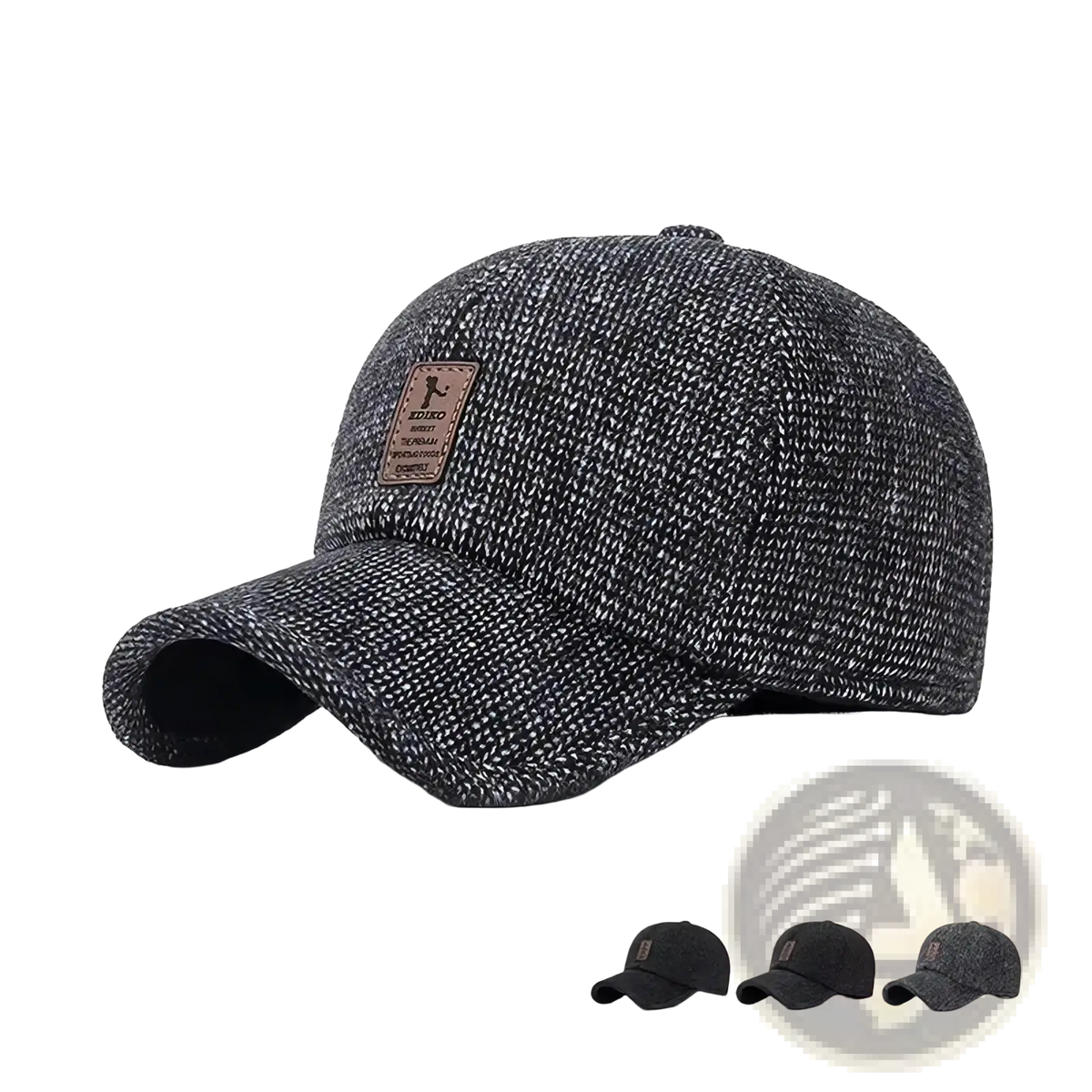 Mens winter baseball cap with earmuffs in textured charcoal gray woven fabric and brown leather patch on front