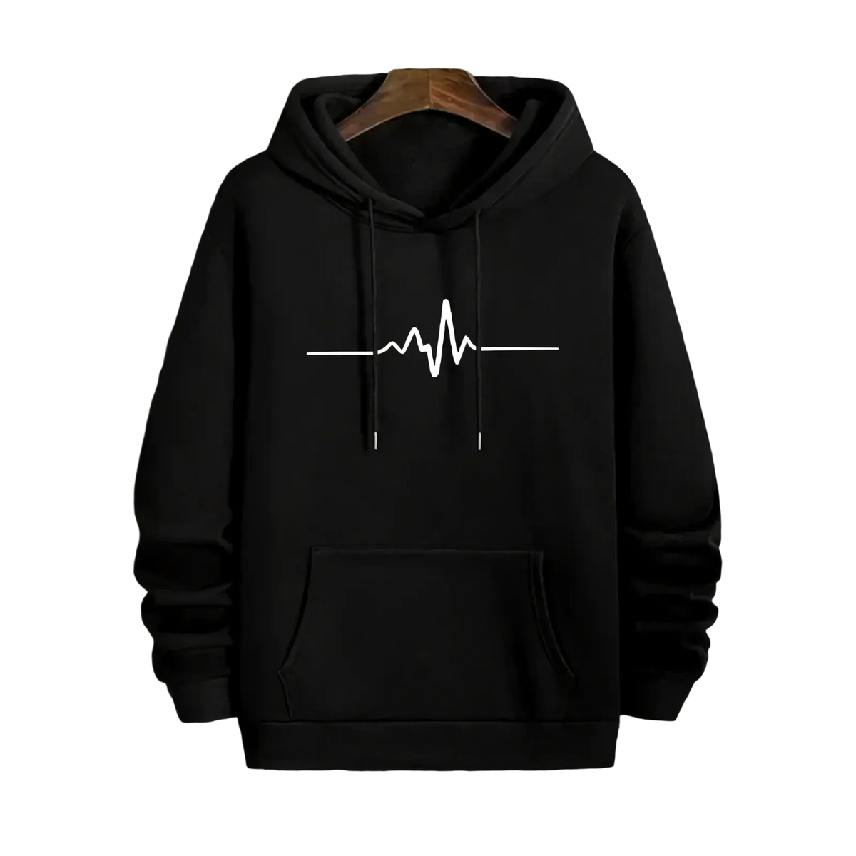 Men’s winter casual hooded sweatshirt in black with white heartbeat line graphic hanging on wooden hanger