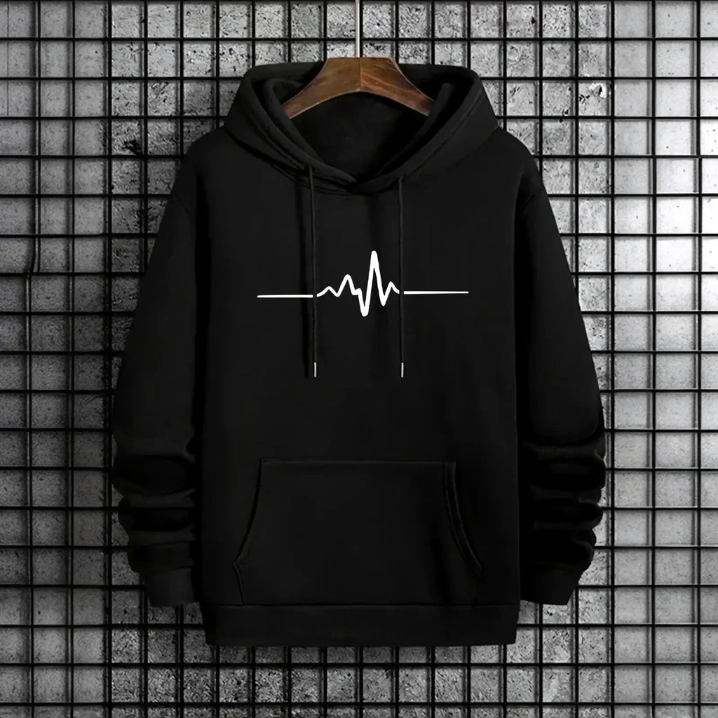 Men’s winter casual black hoodie with a white heartbeat line graphic on chest hanging on wooden hanger