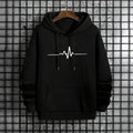 Men’s winter casual black hoodie with a white heartbeat line graphic on chest hanging on wooden hanger