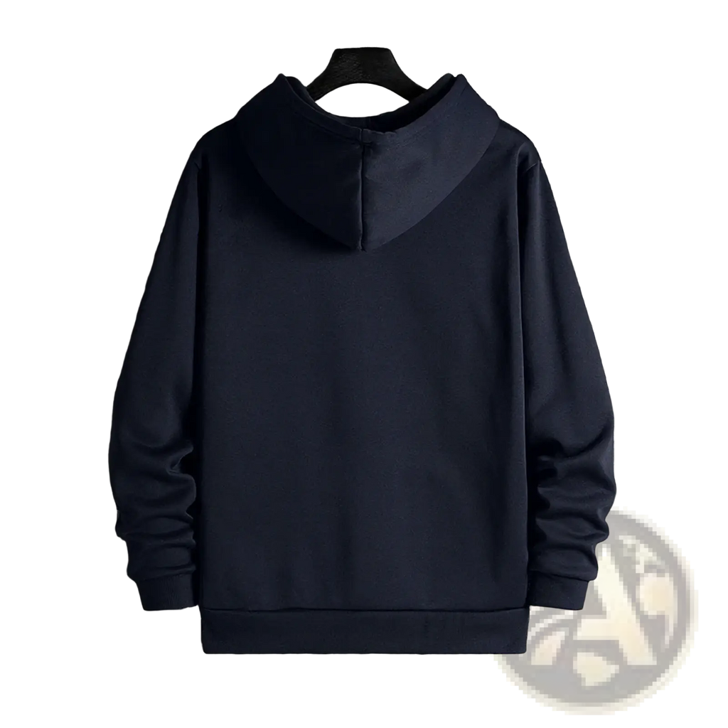 Men’s winter casual hooded sweatshirt in dark navy blue with a simple design and ribbed cuffs and hem