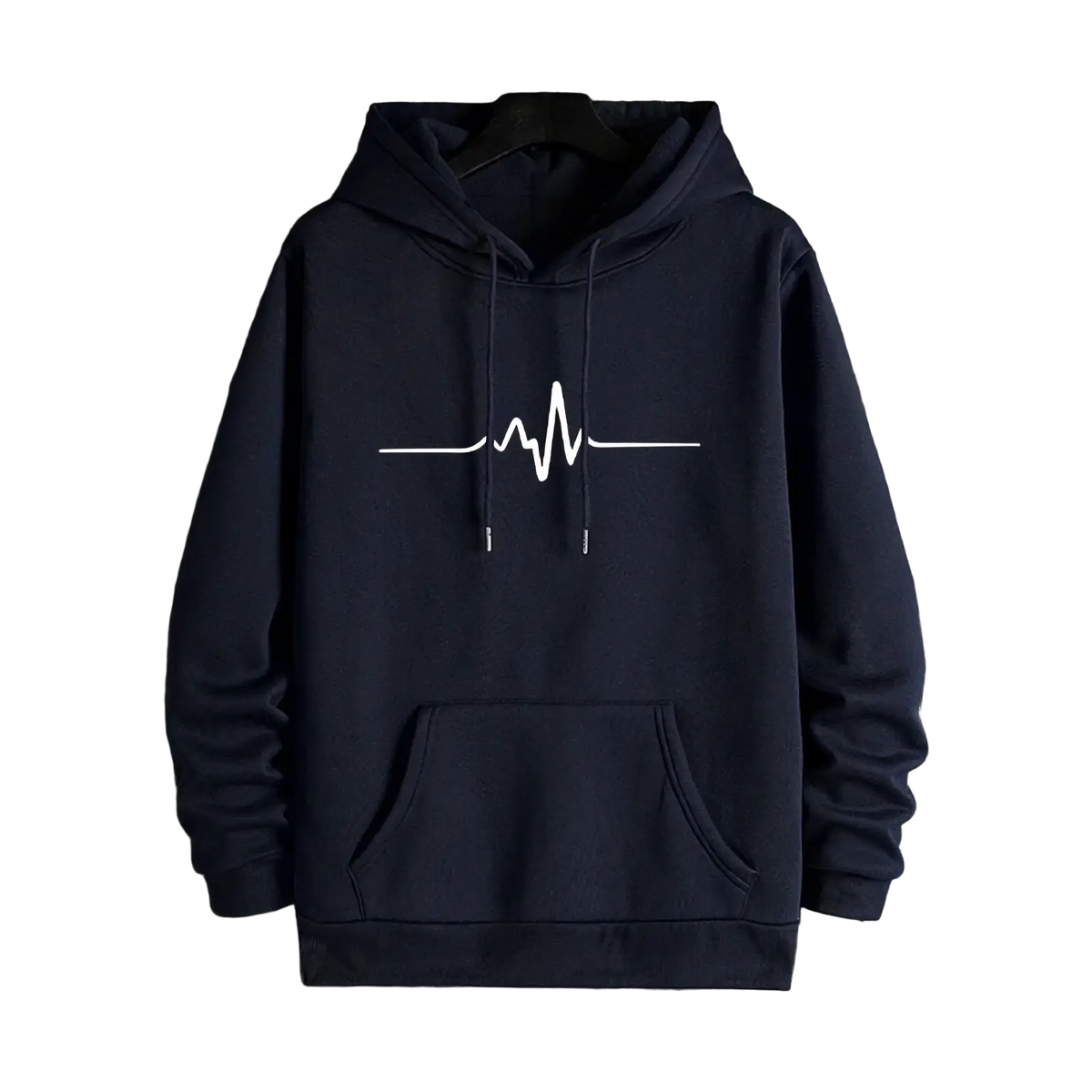 Men’s winter casual hooded sweatshirt in dark navy blue with a white heartbeat line graphic across the chest