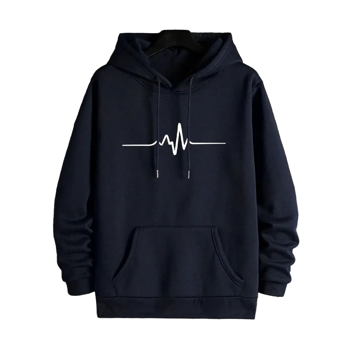 Men’s winter casual navy hooded sweatshirt with white heartbeat line graphic across the chest for cold weather wear