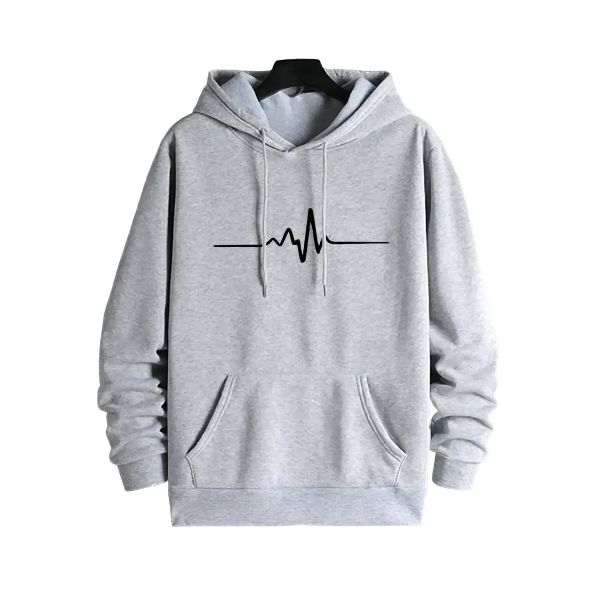 Men’s winter casual hooded sweatshirt in light gray with black heartbeat line graphic and front pockets