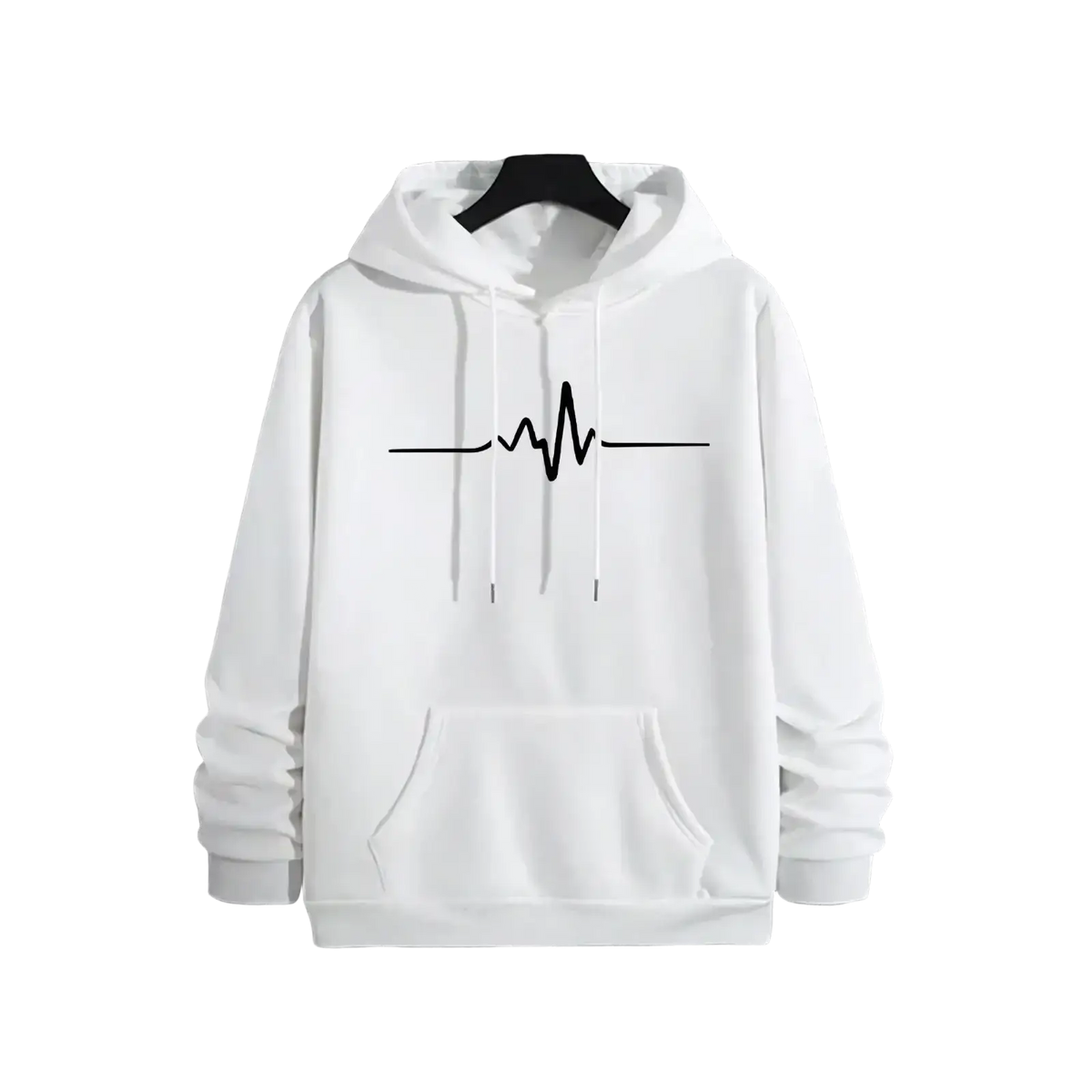 Men’s winter casual hooded sweatshirt in white with a black heartbeat line graphic across the chest