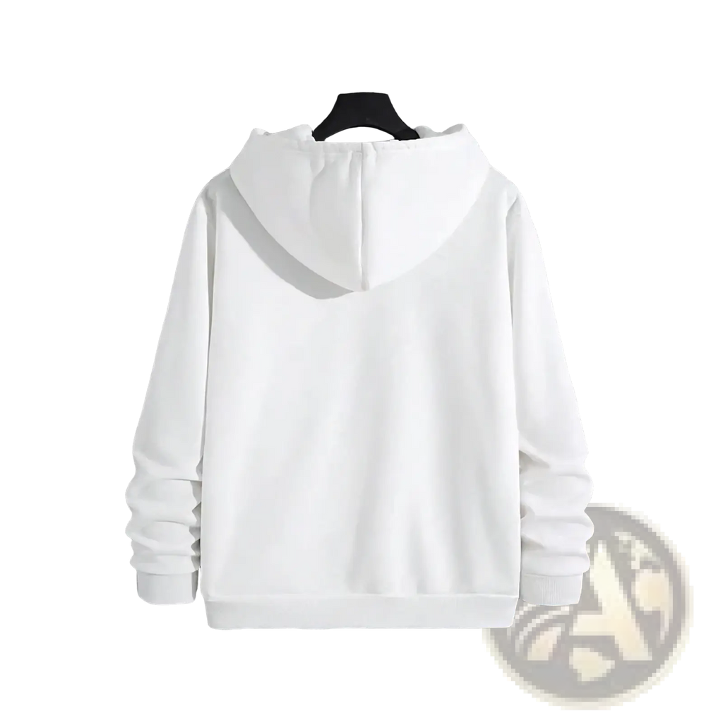 Men’s winter casual white hooded sweatshirt made of soft smooth fabric with a simple design