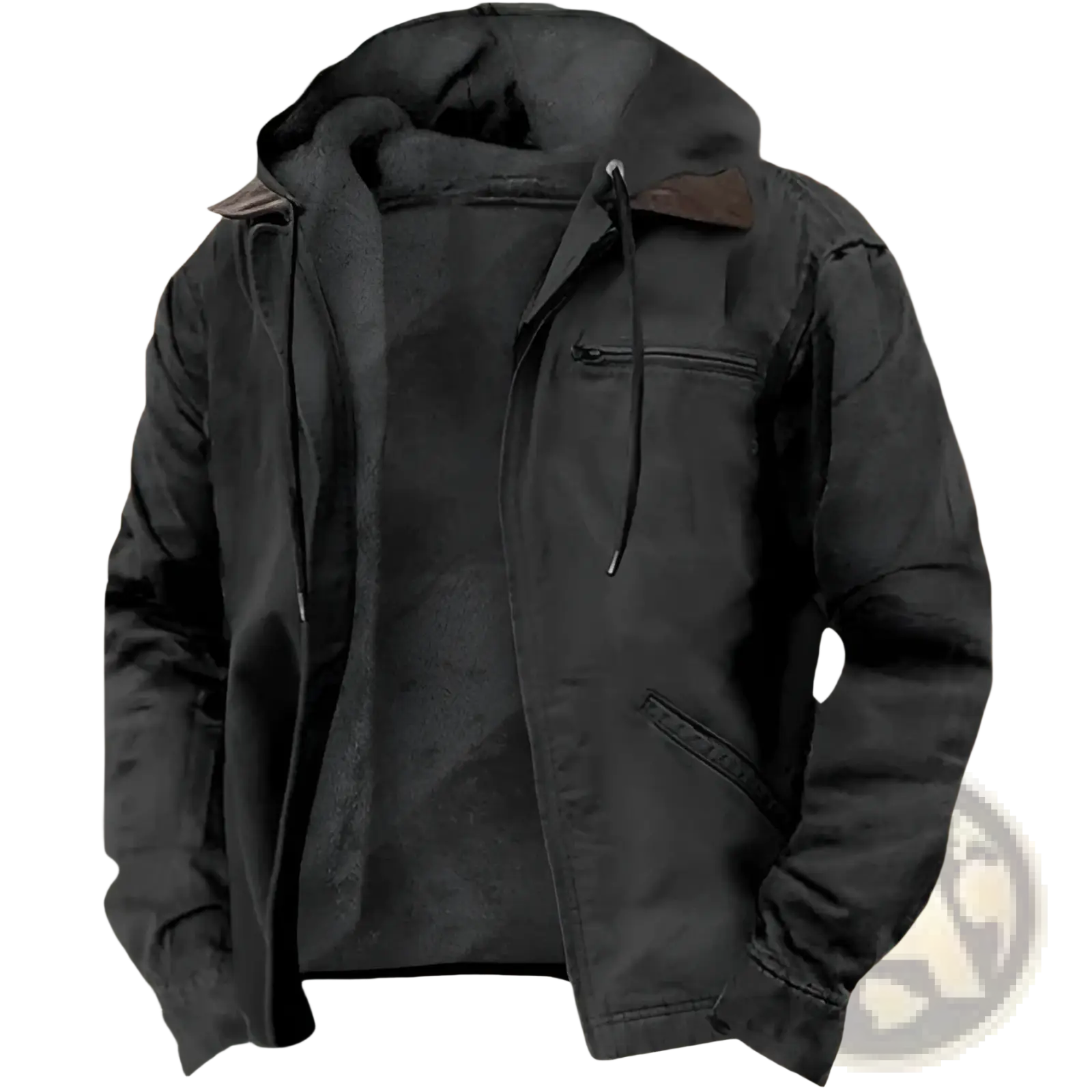 Men’s black hooded winter fleece lined jacket with leather accents front zipper and two side pockets with drawstring