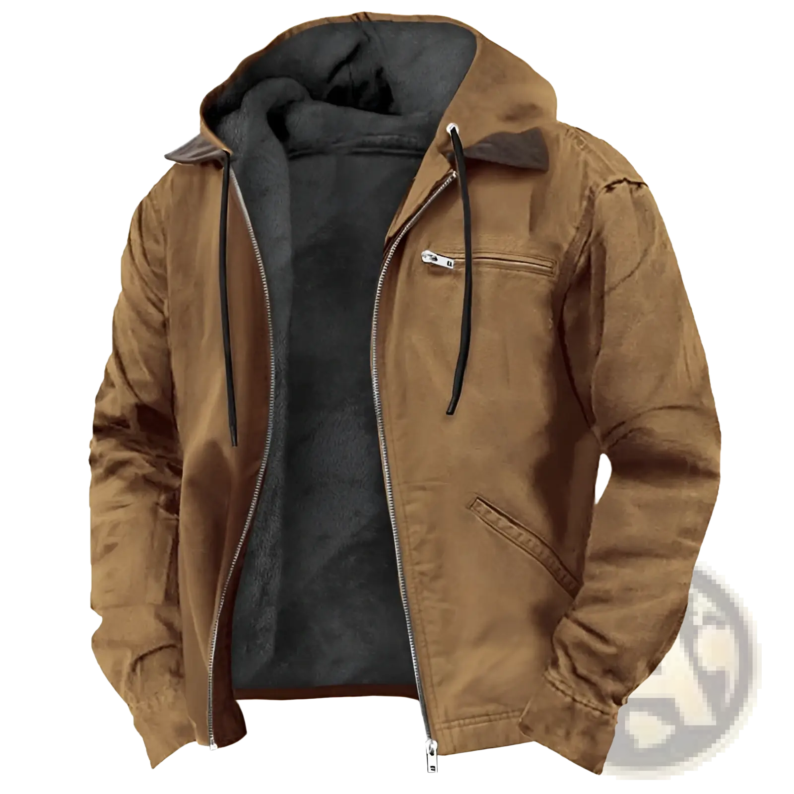 Men’s brown hooded winter jacket with black fleece lining leather accents and silver zipper details