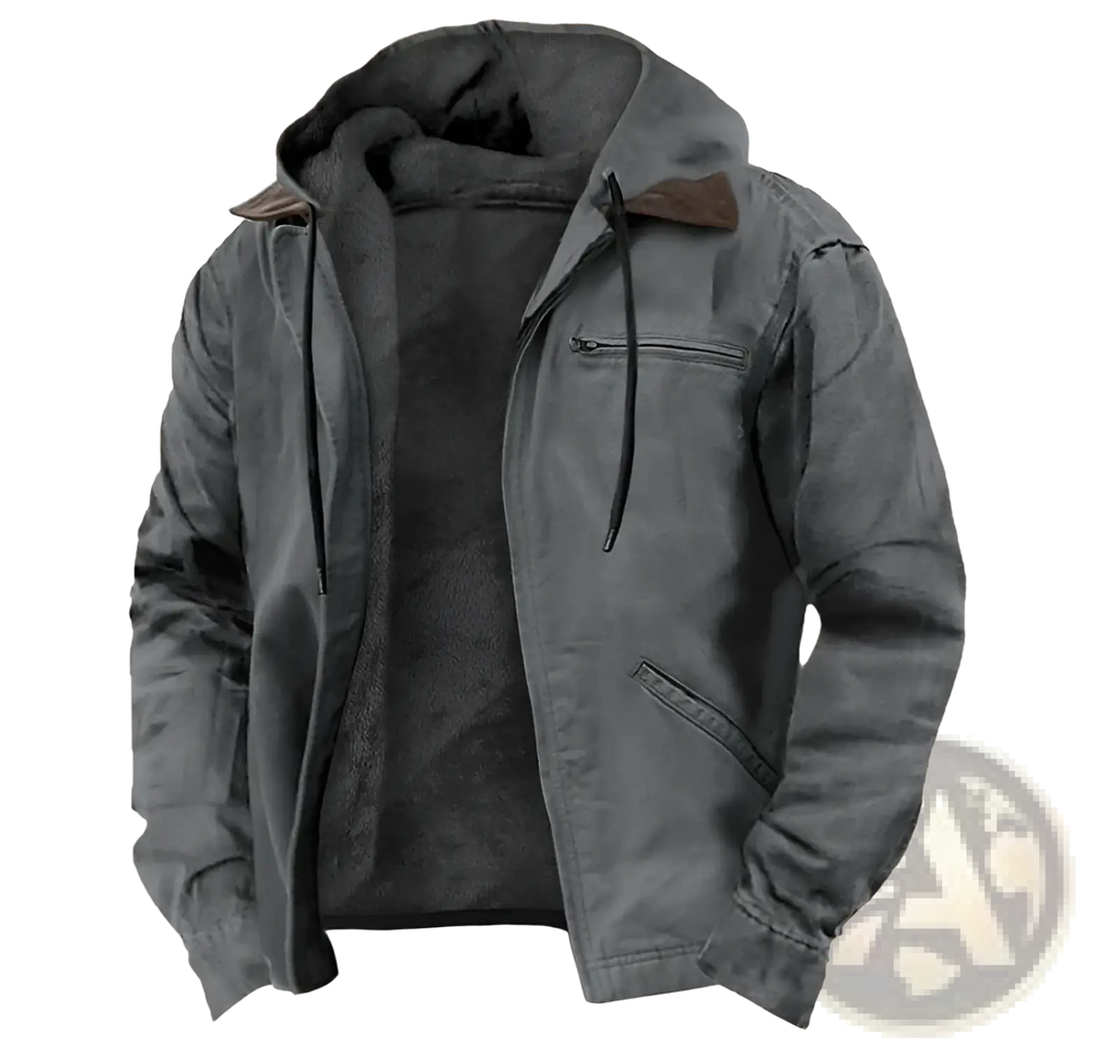 Men’s dark gray winter fleece lined hooded jacket with plush interior and brown leather collar accents