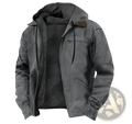 Men’s dark gray winter fleece lined hooded jacket with plush interior and brown leather collar accents