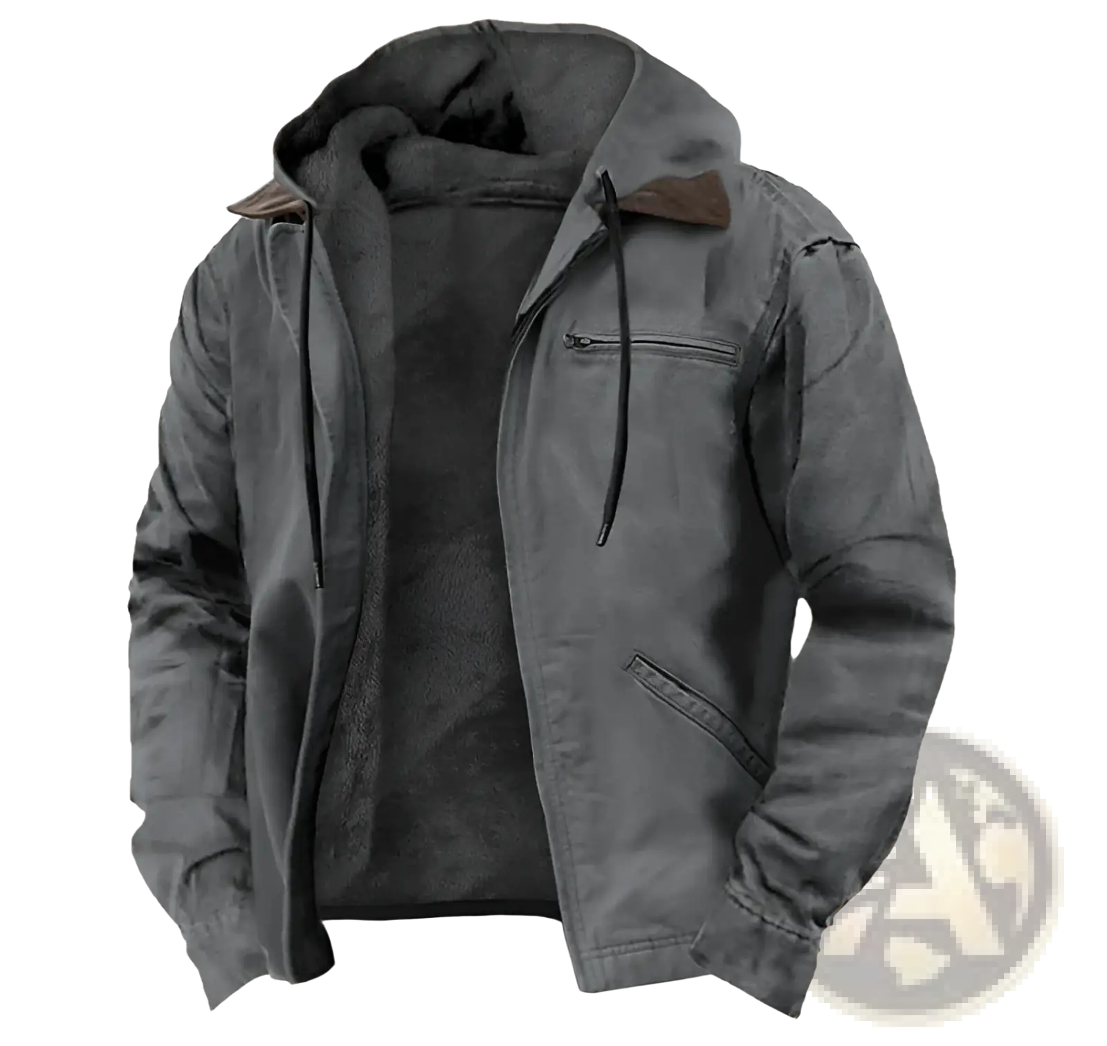 Men’s dark gray winter fleece lined hooded jacket with plush interior and brown leather collar accents