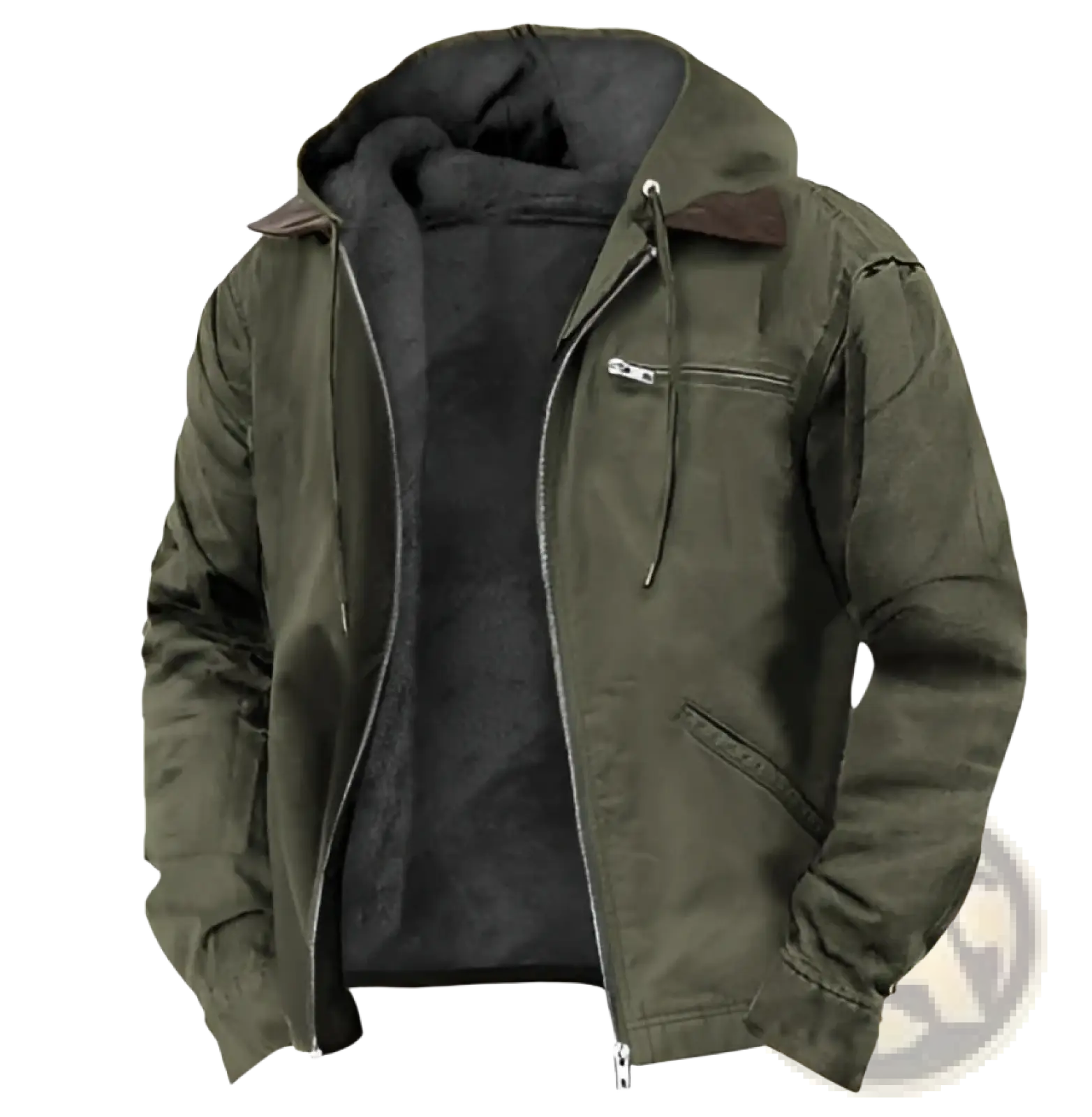 Men’s olive green winter hooded jacket with black fleece lining and brown leather collar accents for cold weather