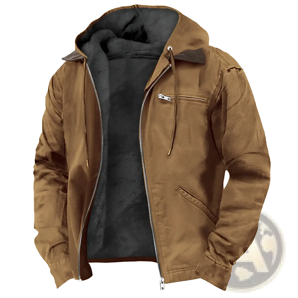Men’s brown hooded jacket with black fleece lining and silver zippers featuring leather accents for winter wear