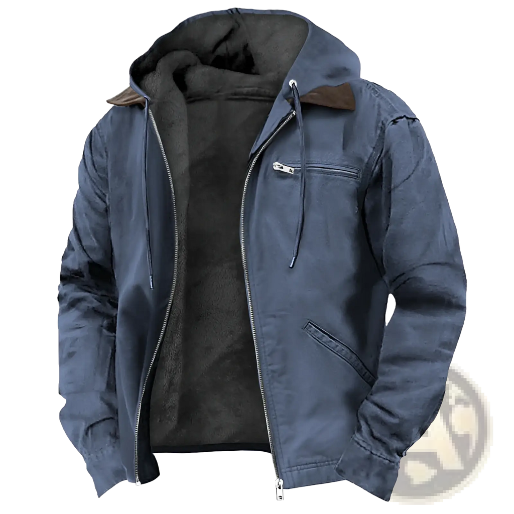 Men’s winter fleece lined hooded jacket in dark blue with plush black fleece interior and brown leather collar trim