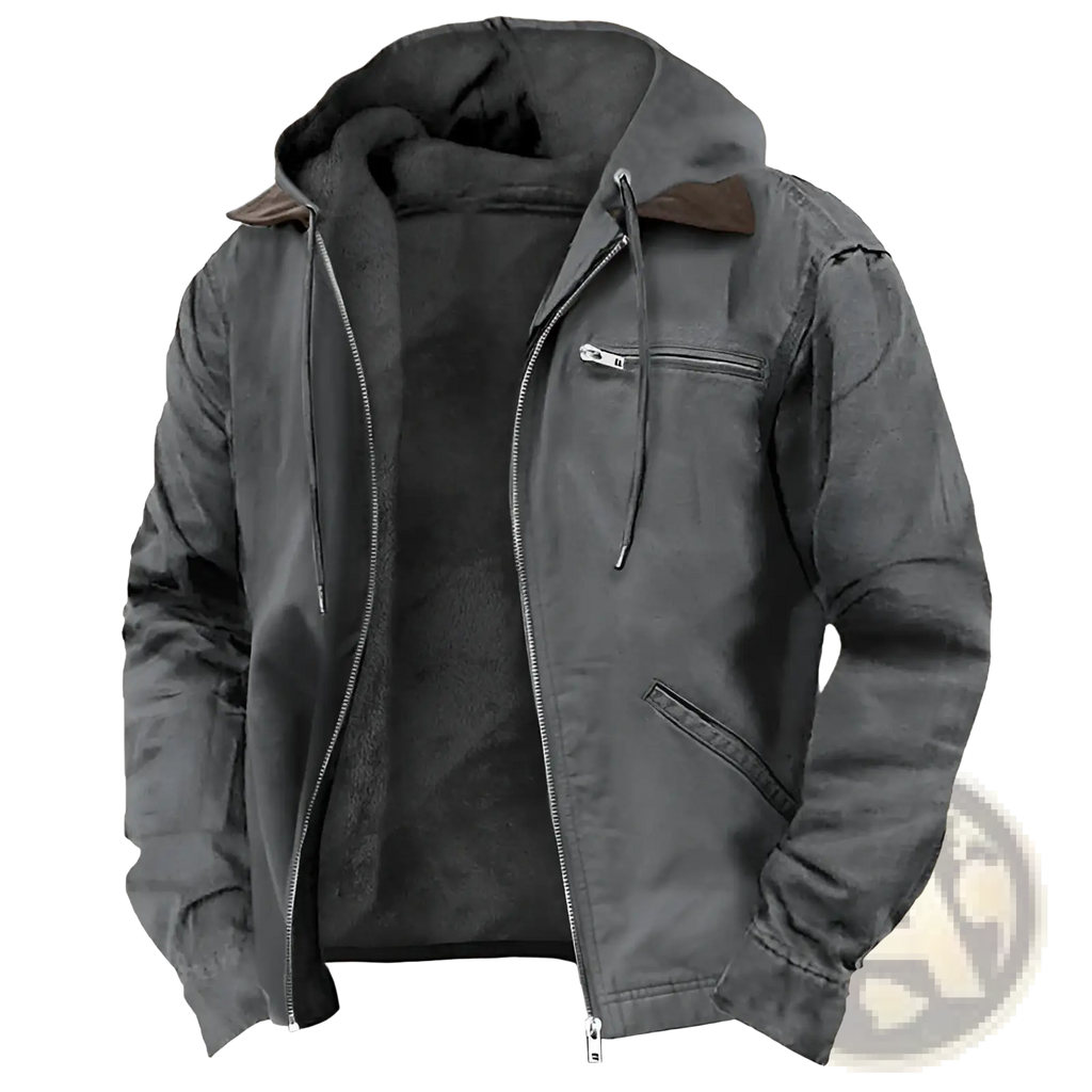 Men’s winter fleece lined hooded jacket in dark gray with plush interior and contrasting brown leather collar accents
