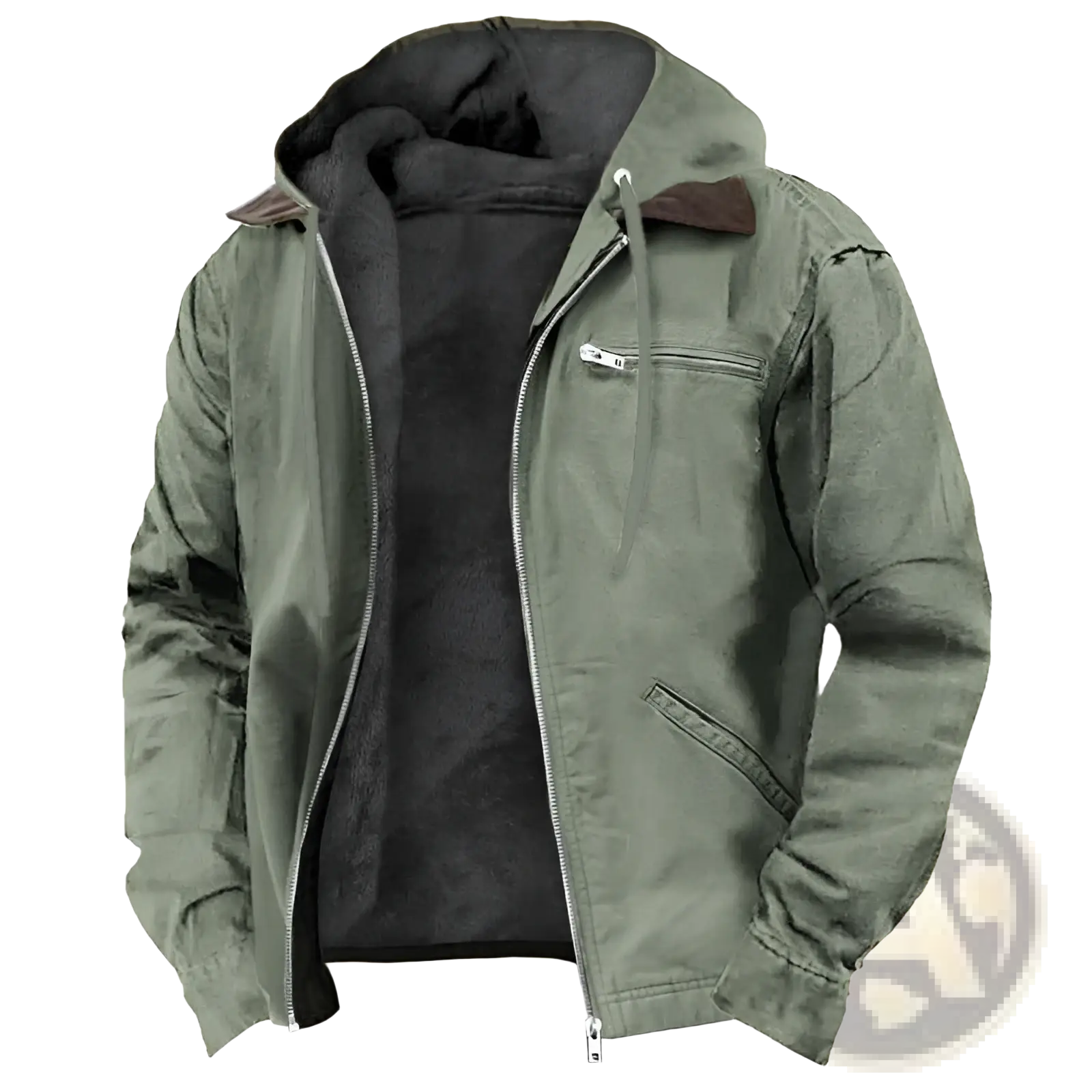Men’s winter fleece lined hooded jacket in olive green with black fleece interior and brown leather collar accents