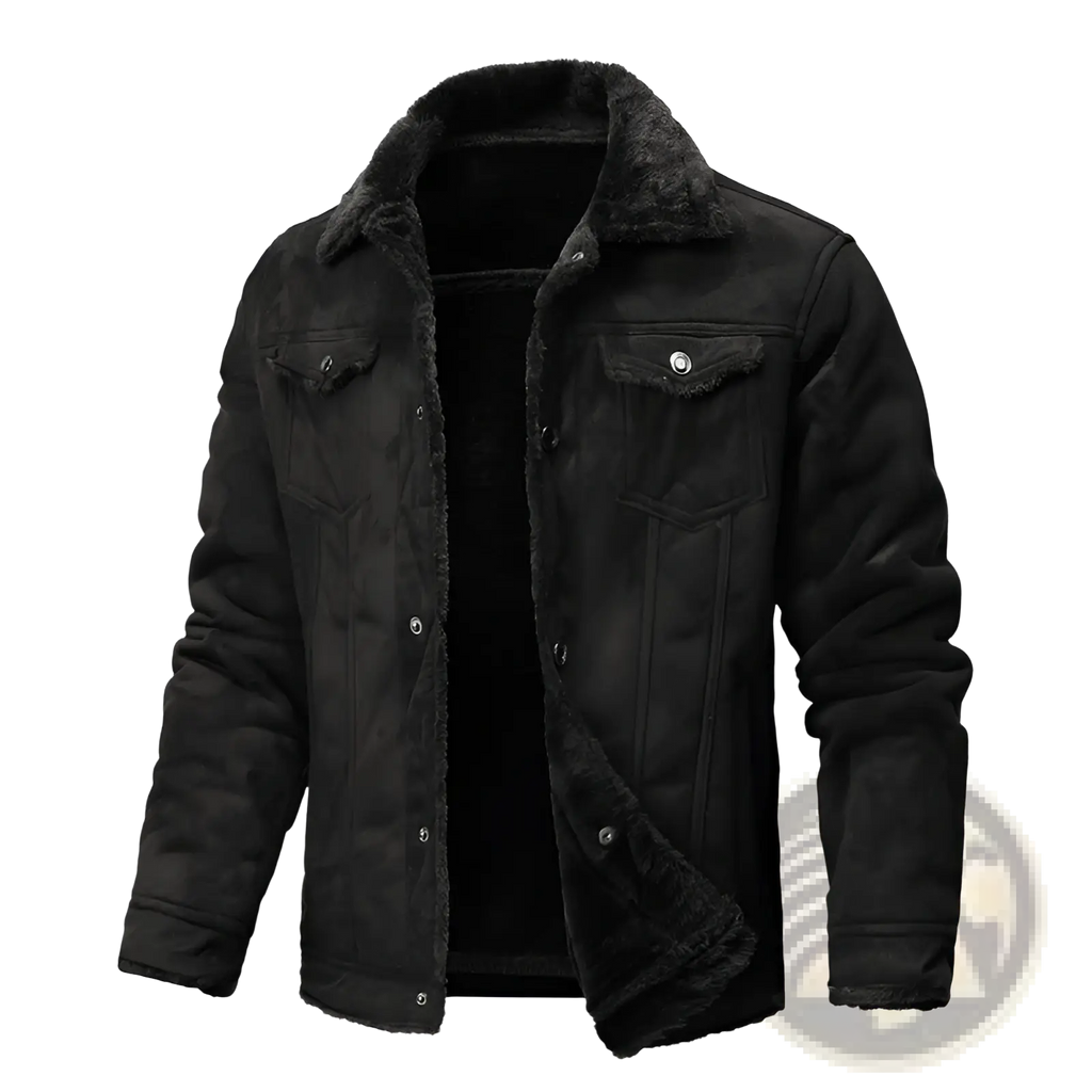 Men’s winter fleece lined shearling denim jacket in black with plush soft interior and classic button front design