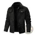 Men’s winter fleece lined shearling denim jacket in black with plush soft interior and classic button front design