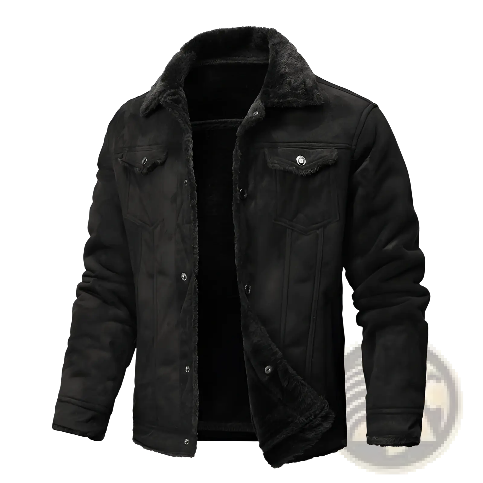 Men’s winter fleece lined shearling denim jacket in black with plush soft interior and classic button front design
