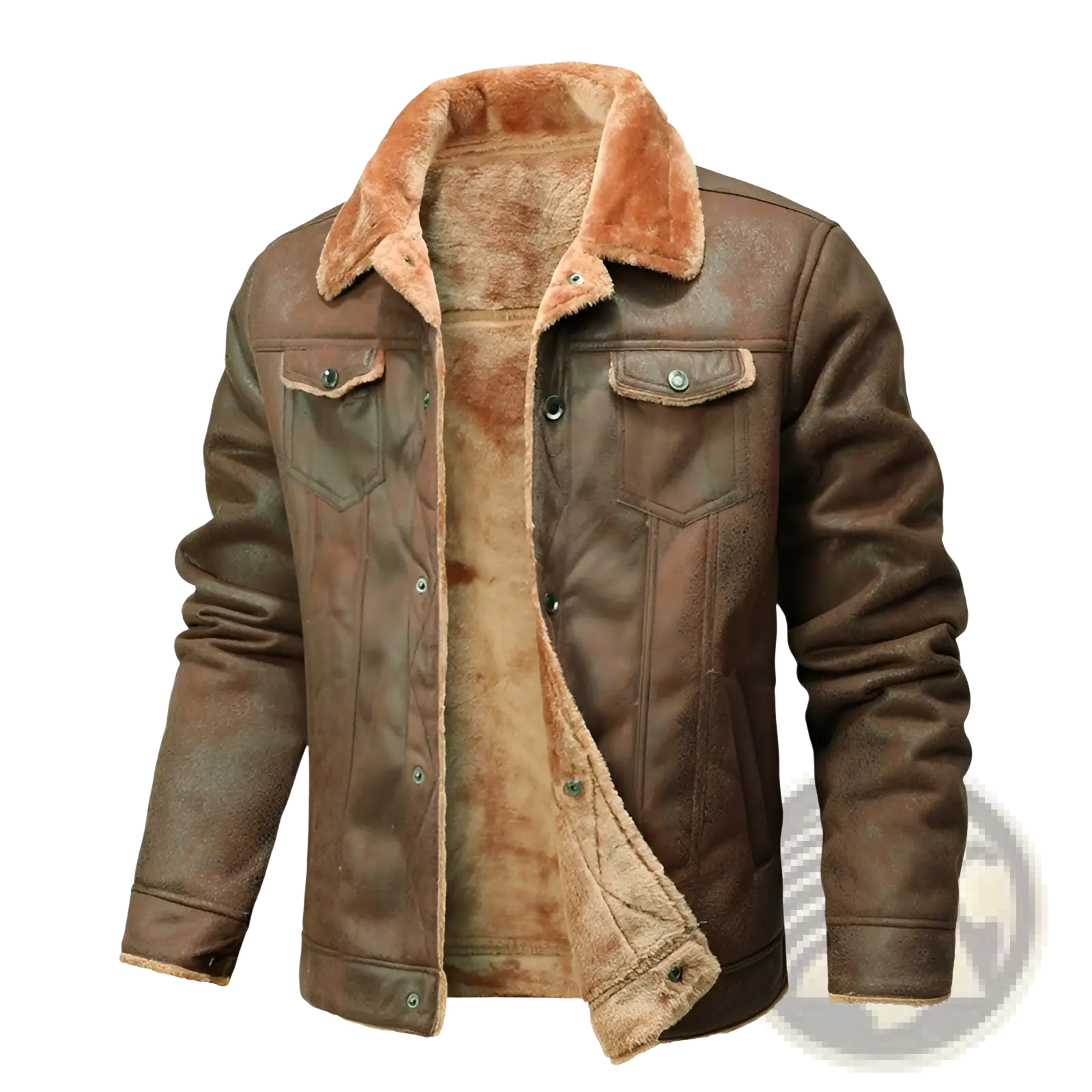 Men’s winter fleece lined shearling denim jacket in brown leather with plush tan shearling collar and lining