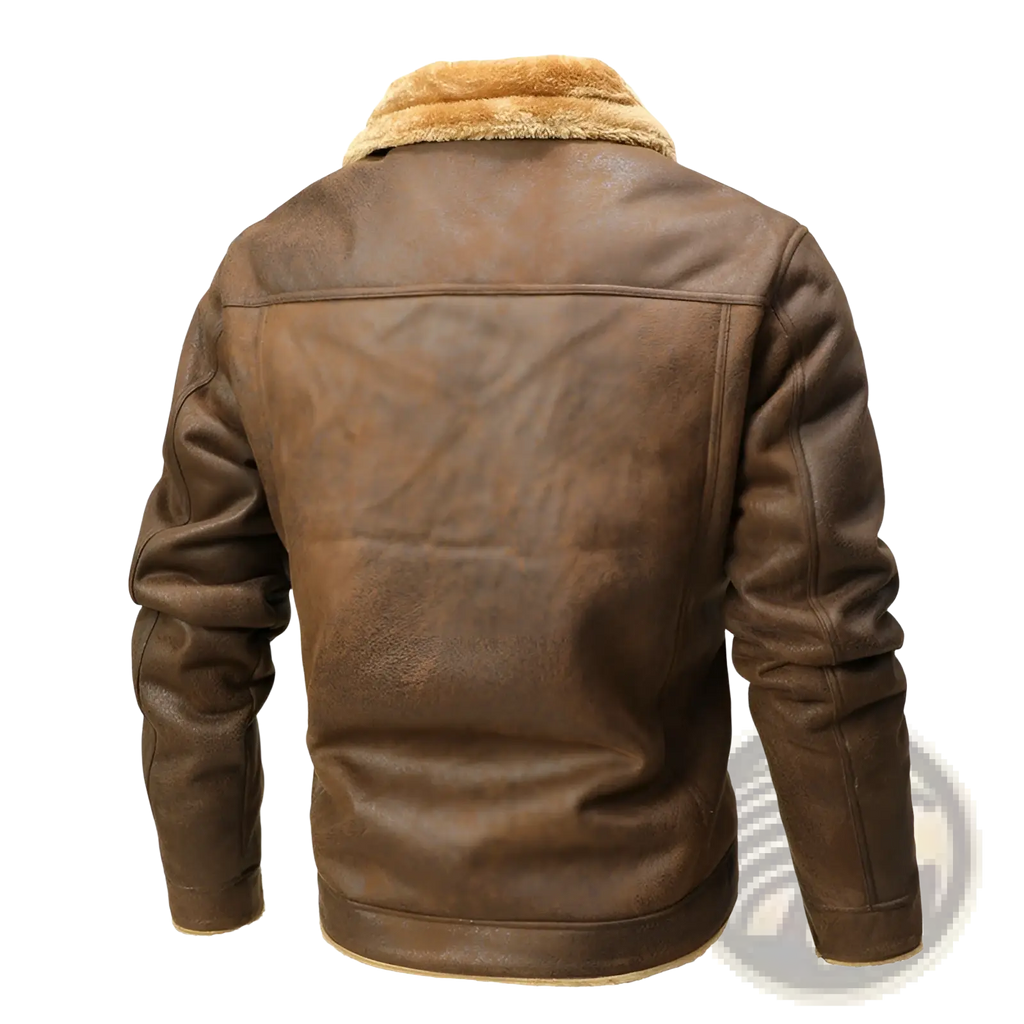 Men’s brown leather bomber jacket with plush tan shearling collar and lining for winter warmth and style