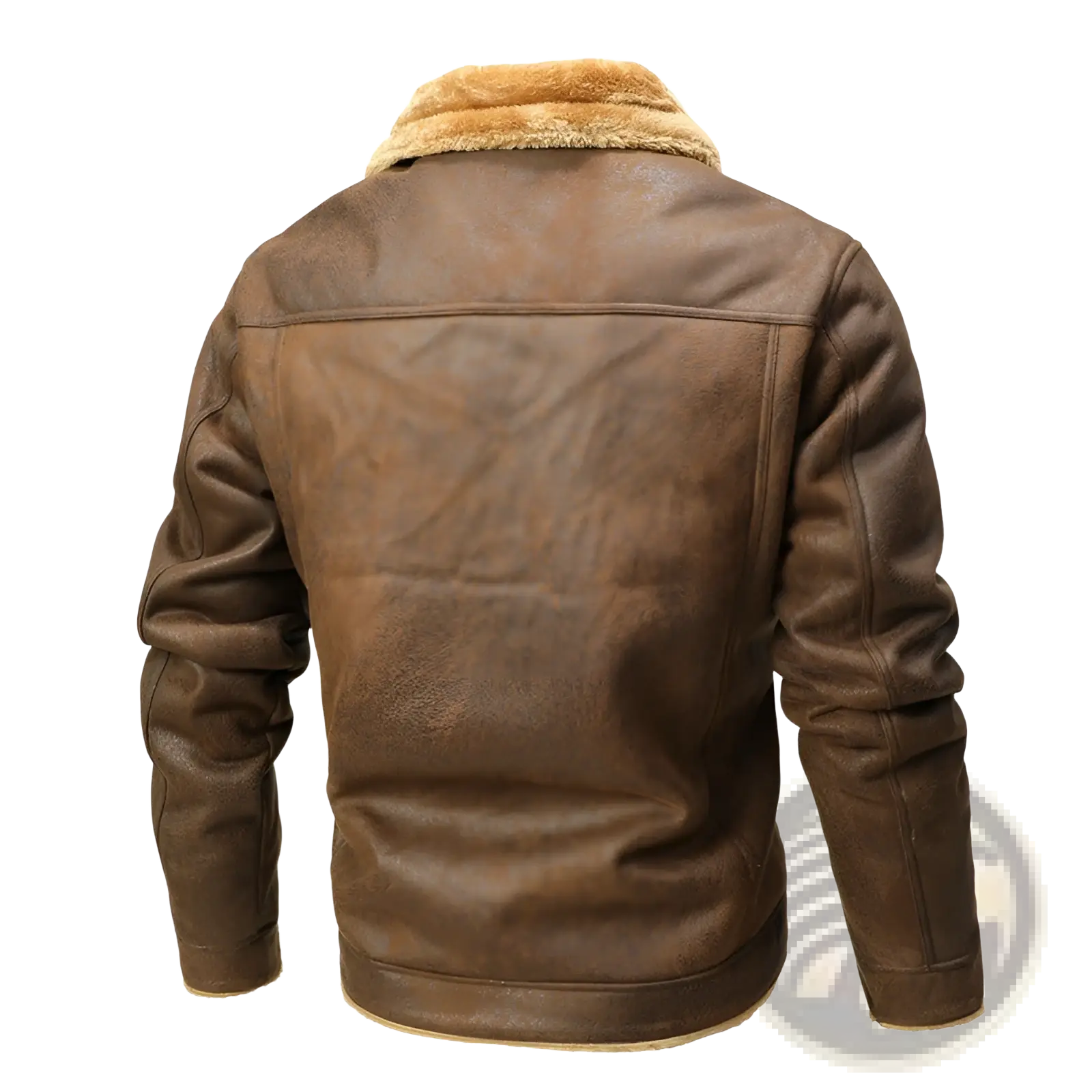 Men’s brown leather bomber jacket with plush tan shearling collar and lining for winter warmth and style
