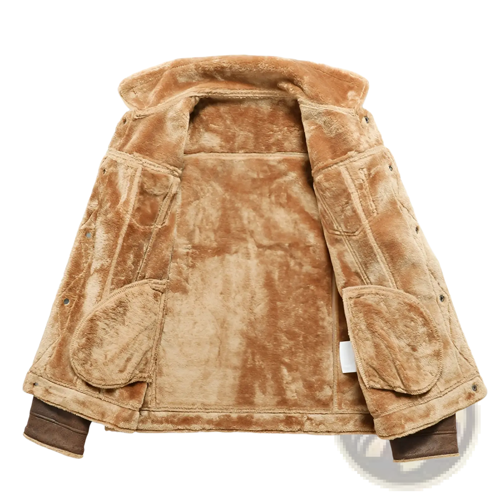 Men’s winter fleece lined shearling denim jacket in tan with plush interior and dark brown leather cuffs