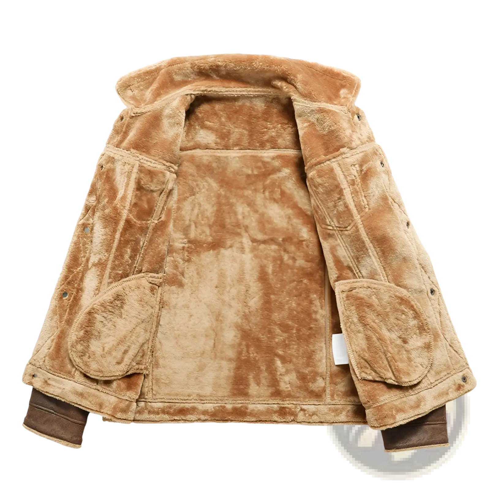 Men’s winter fleece lined shearling denim jacket in tan with plush interior and dark brown leather cuffs