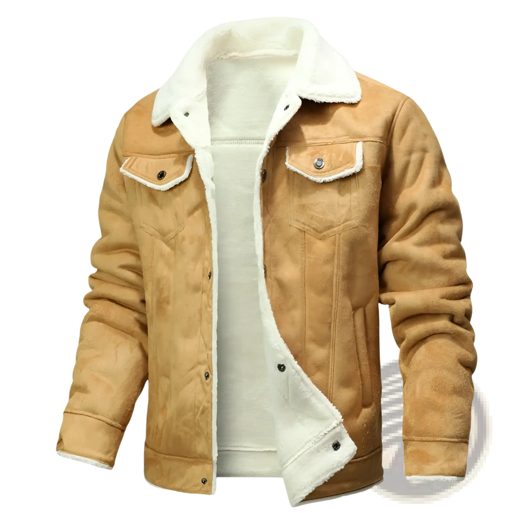 Men’s tan suede shearling denim jacket with plush white fleece lining and classic denim-style pockets for winter