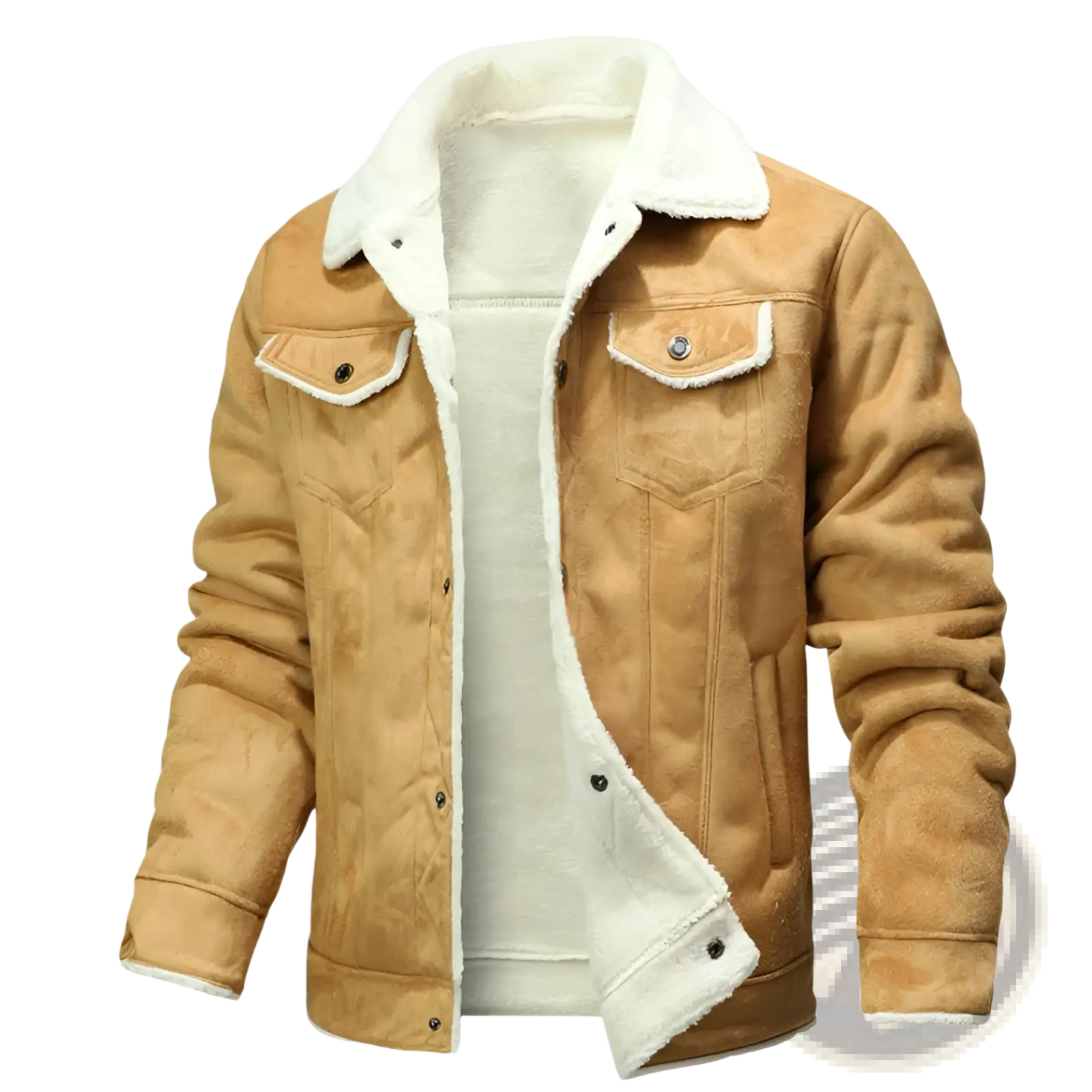 Men’s tan suede shearling denim jacket with plush white fleece lining and classic denim-style pockets for winter