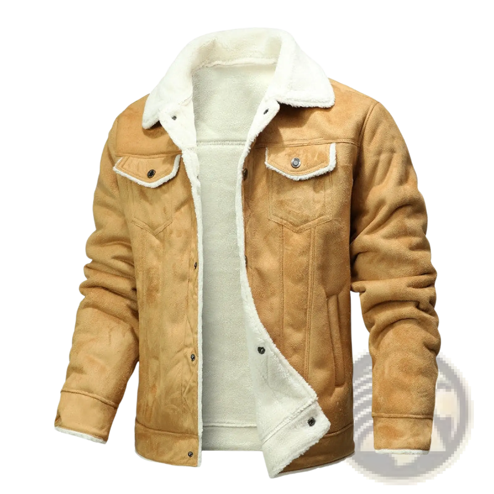 Tan suede shearling jacket with plush white fleece lining and collar for men’s winter fleece lined shearling denim jacket
