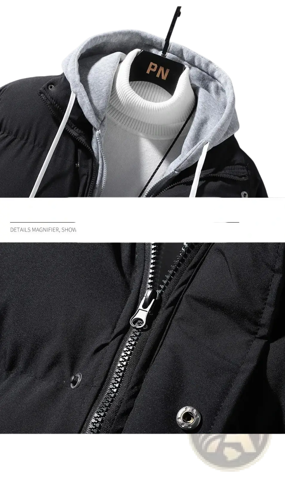 Men’s winter hooded puffer parka jacket in black with gray-lined hood white drawstrings and silver zipper pull