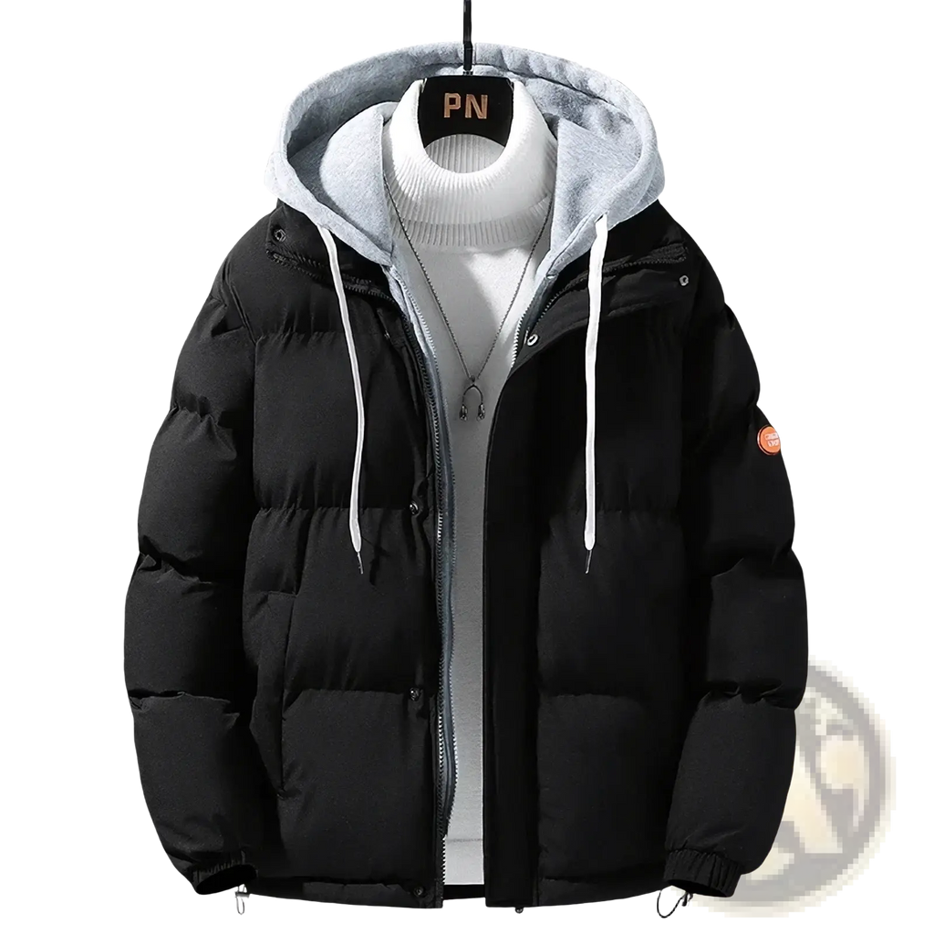 Men’s winter hooded puffer parka jacket in black with gray-lined hood, white drawstrings, quilted design, and orange sleeve patch