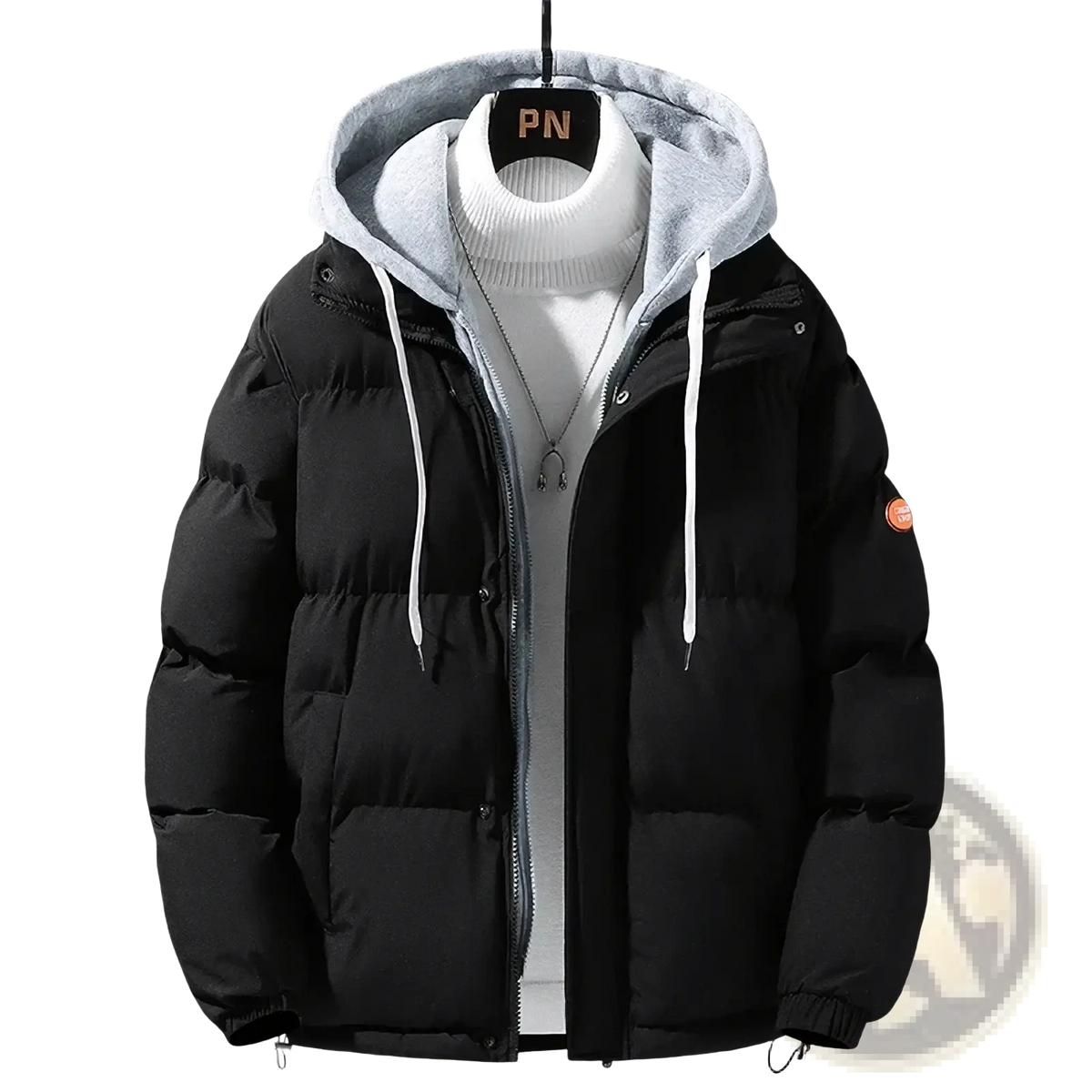 Men’s winter hooded puffer parka jacket in black with gray-lined hood, white drawstrings, quilted design, and orange sleeve patch