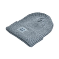Gray ribbed knit men’s winter beanie hat with a small silver rectangular patch featuring a simple smiley face