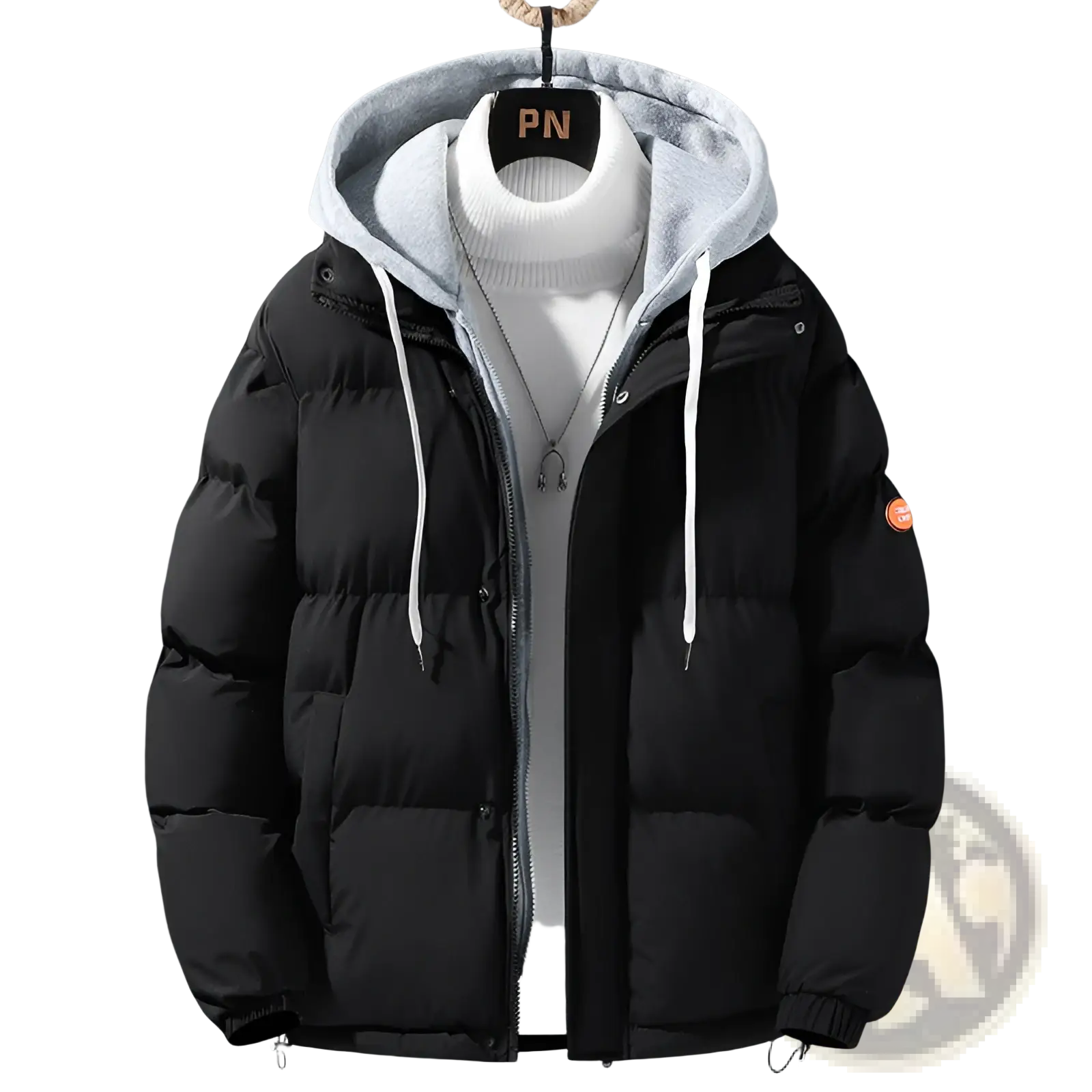 Black men’s winter windproof layered puffer jacket with gray fleece-lined hood and orange sleeve patch