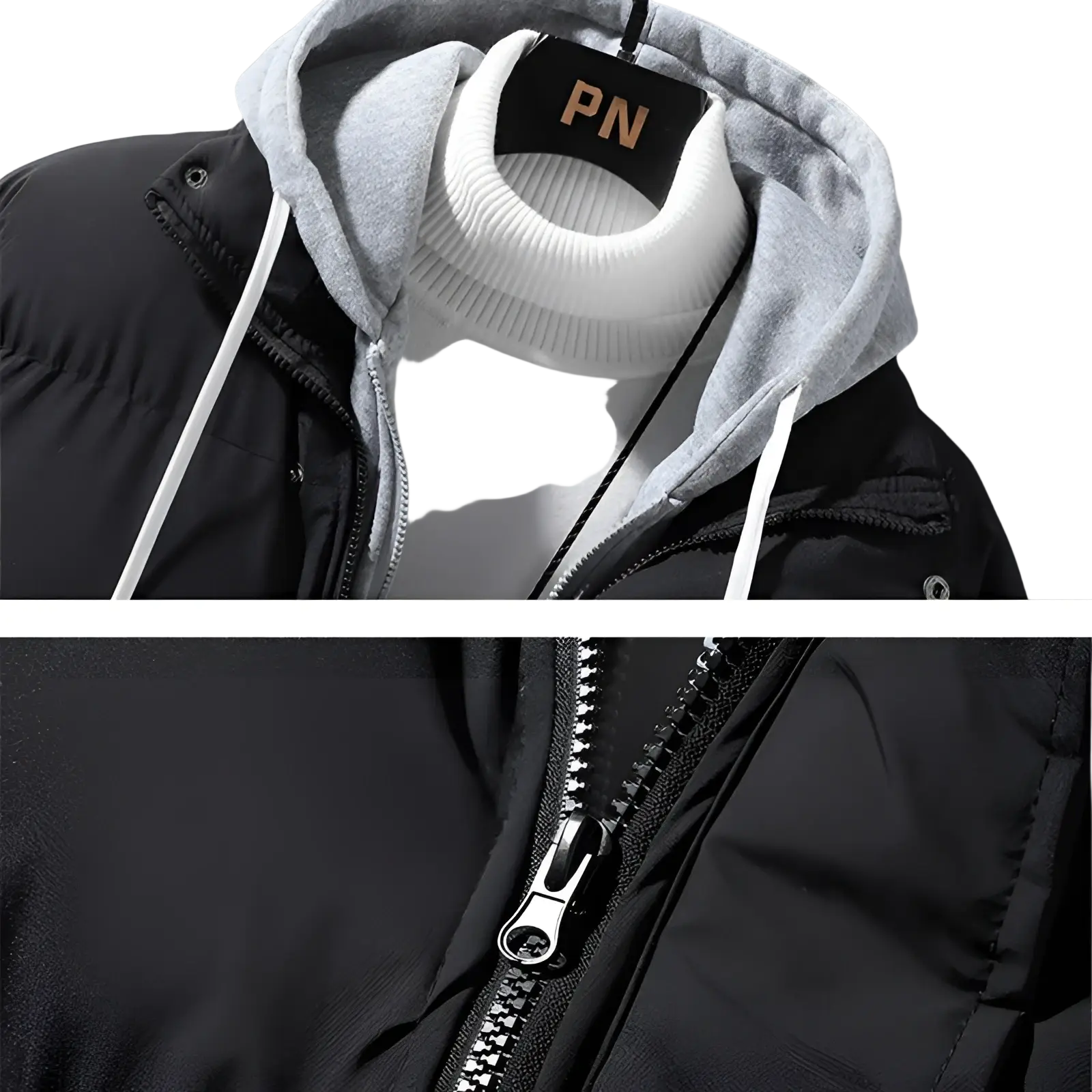Men’s winter windproof layered hooded puffer jacket in black with gray hood white drawstrings and silver zipper pull
