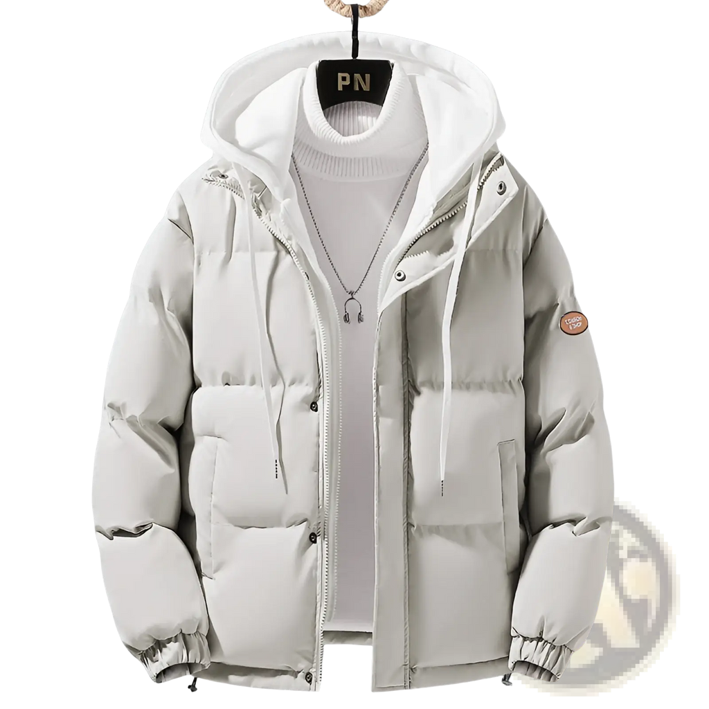 Men’s light gray windproof puffer jacket with white hood, quilted panels, elastic cuffs, and patch on left sleeve