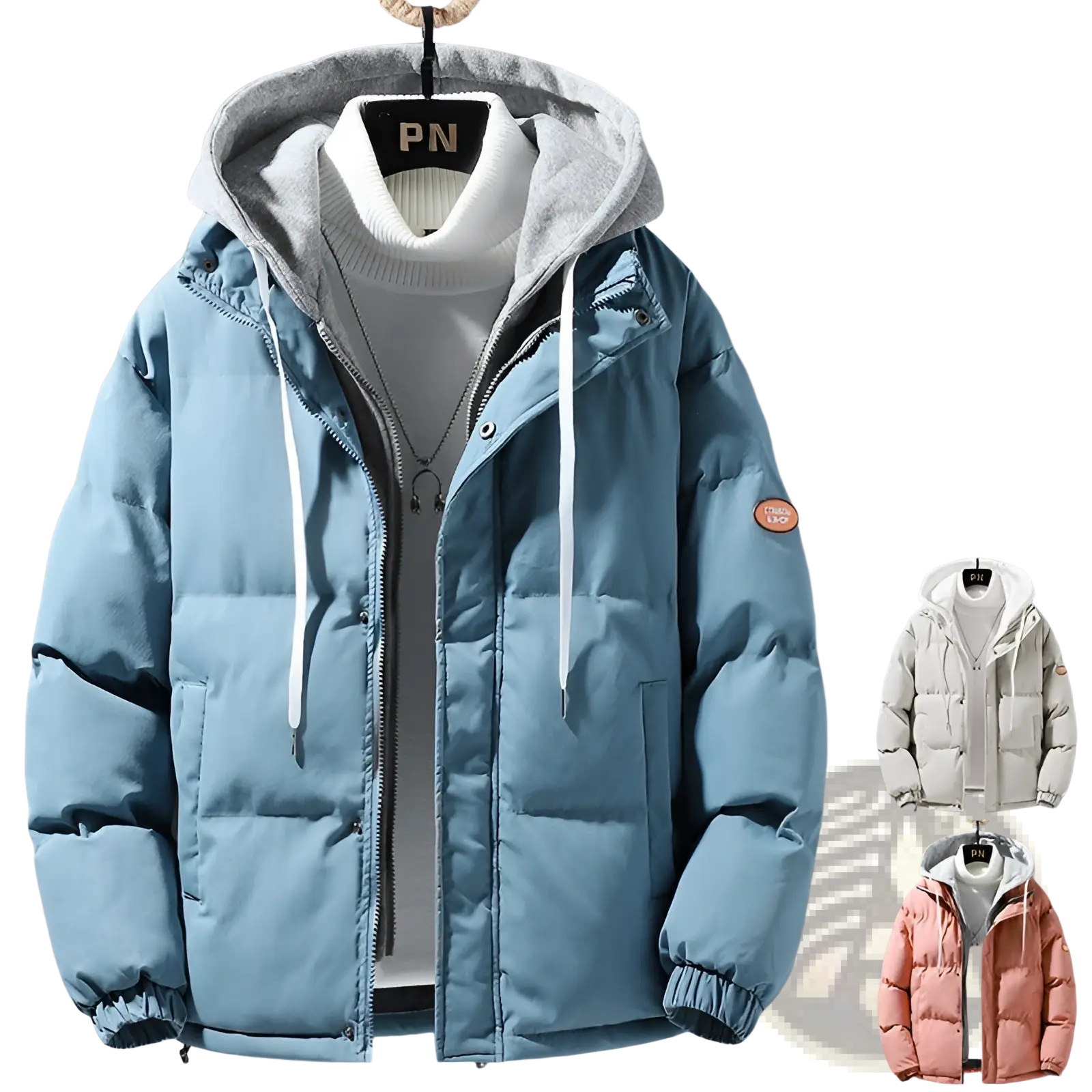 Men’s winter windproof layered hooded puffer jacket in light blue with gray-lined hood and white drawstrings