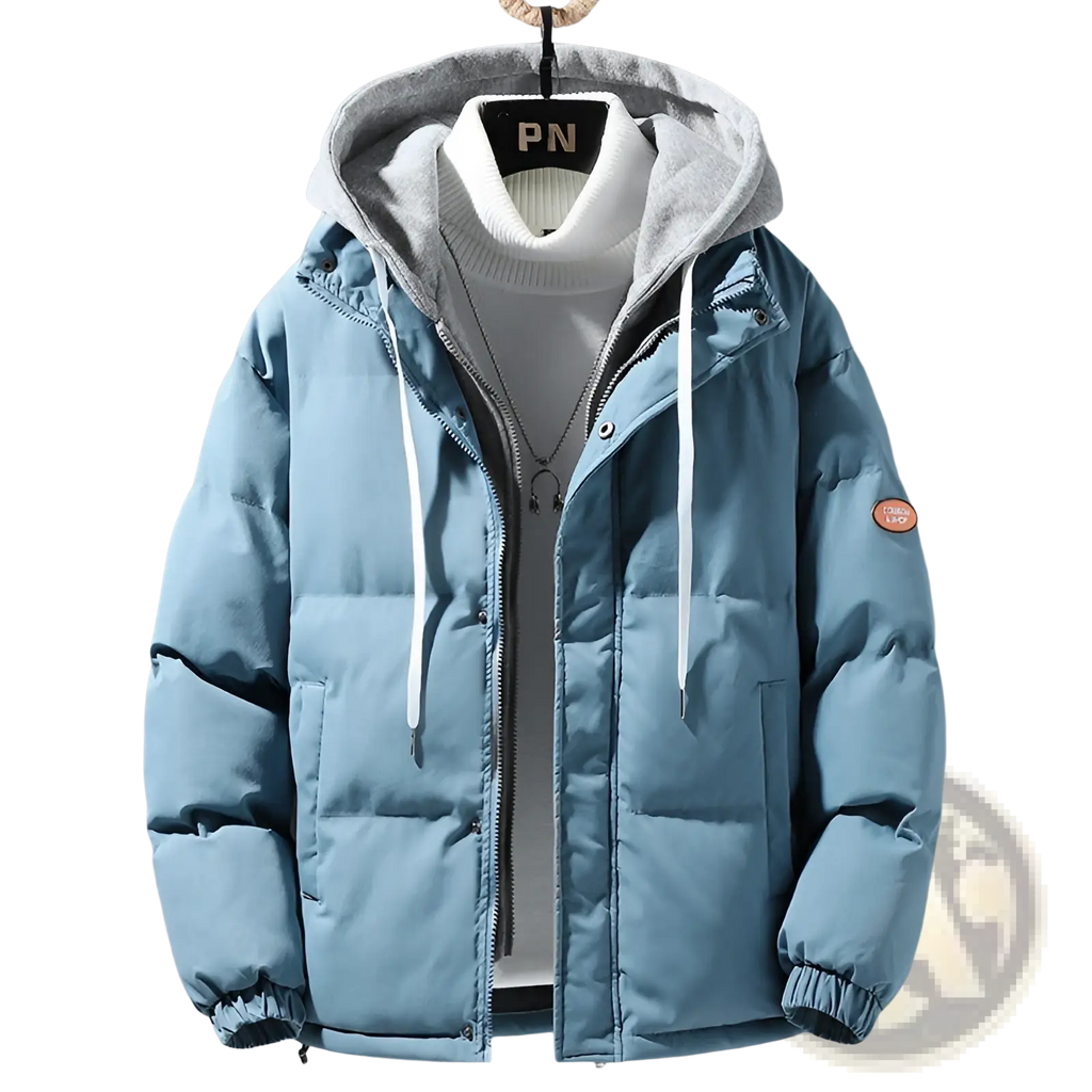 Men’s winter windproof layered hooded puffer jacket in light blue with gray-lined hood and white drawstrings
