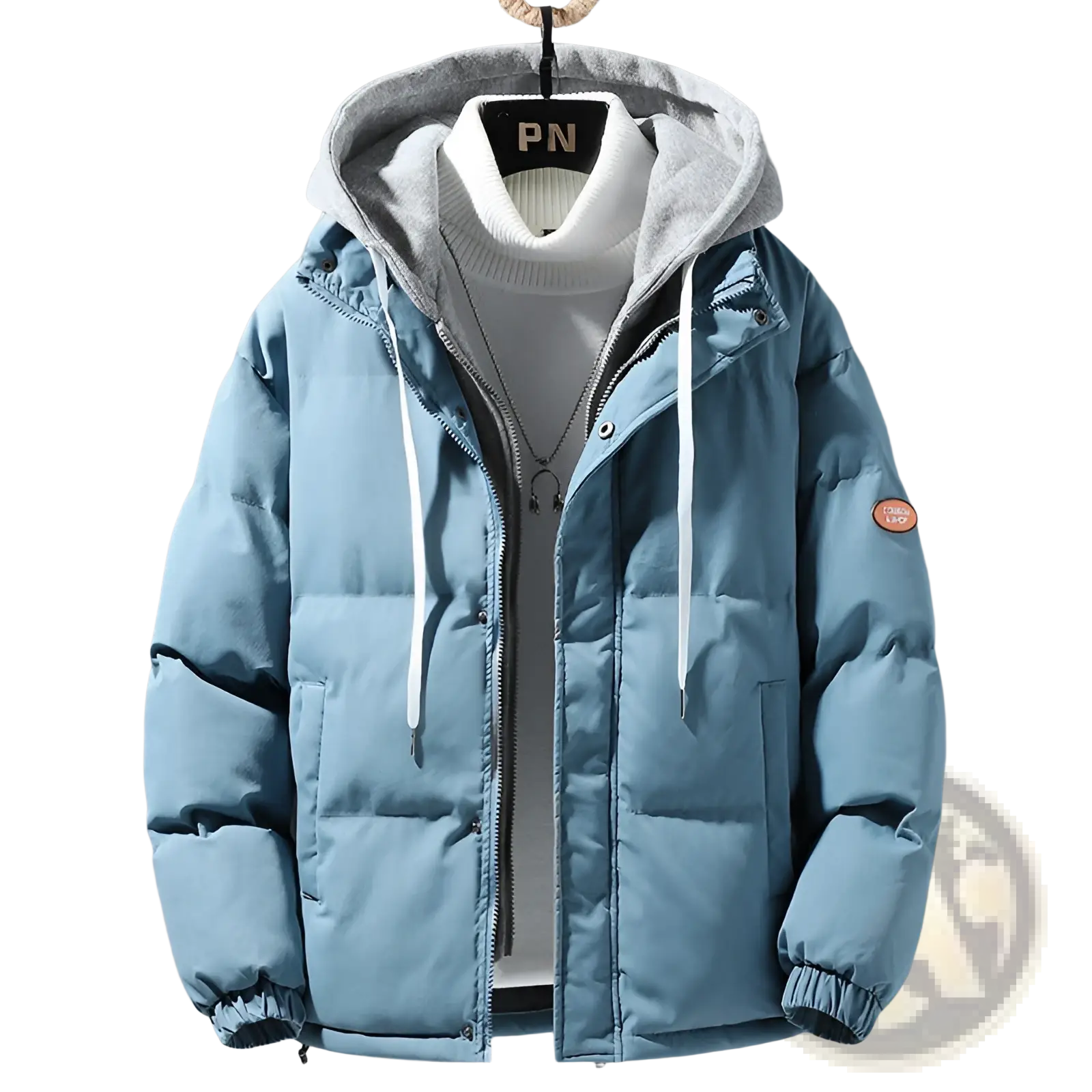 Men’s winter windproof layered hooded puffer jacket in light blue with gray-lined hood and white drawstrings