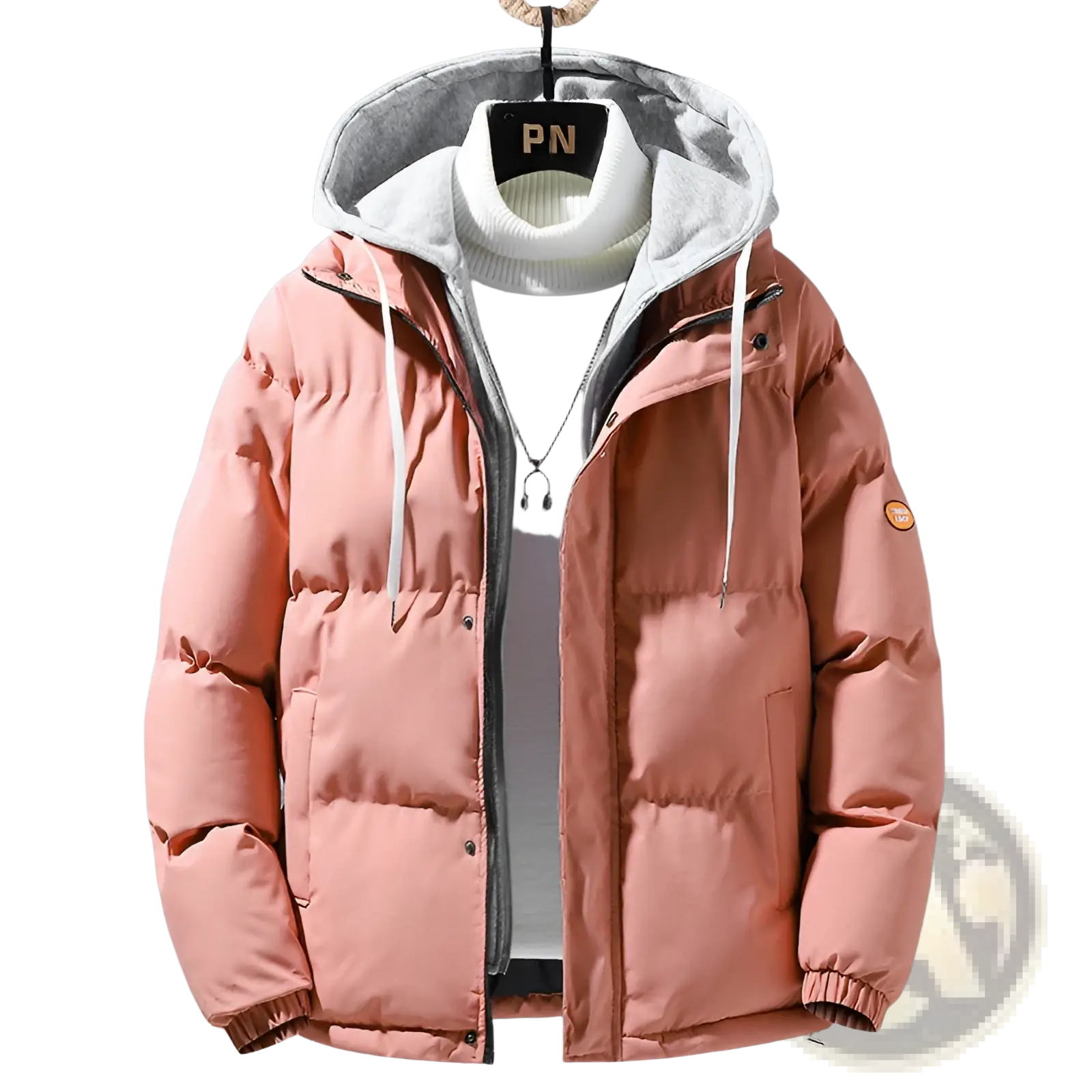 Men’s winter windproof layered hooded puffer jacket in pink with gray-lined hood, white drawstrings, and quilted panels